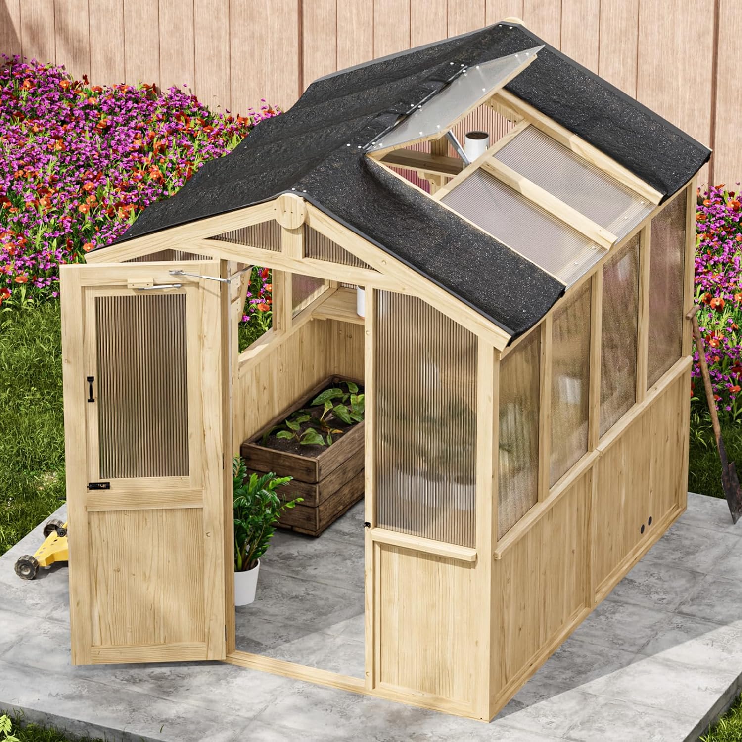 EAGLE PEAK 6.7x7.8x7.7 ft Wood and Polycarbonate Walk-in Greenhouse, Cedar Hobby Green House with Roof Vent, Natural