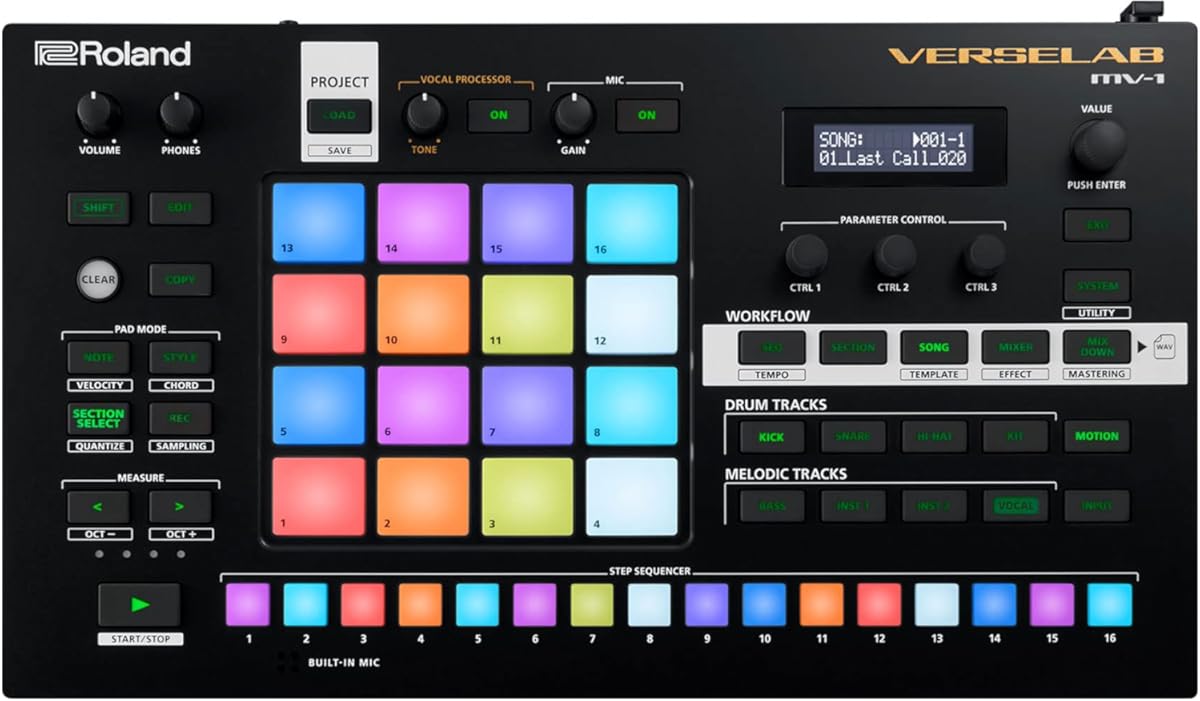 Roland VERSELAB MV-1 ZEN-Core Professional Song Production Studio for Songwriters and Singers. 4x4 pads and TR-REC Step Sequencer for drums, basslines, and melodic parts.
