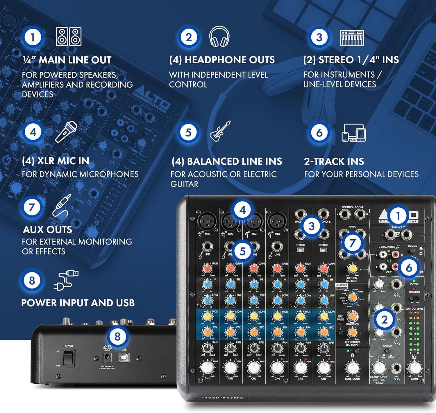 ALTO TrueMix 800FX audio Mixer with 4 XLR Mic Ins, USB Audio Interface and Bluetooth for Podcasting, Live Performance, Recording, DJ, Mac and PC