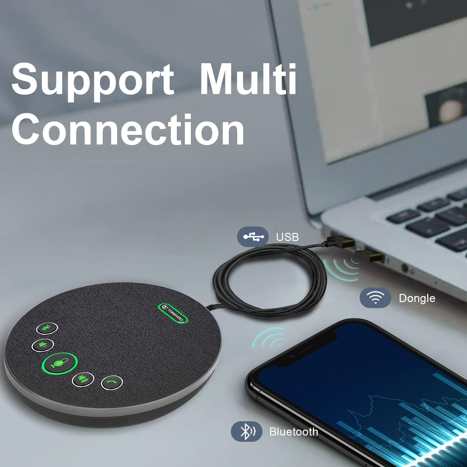 TONGVEO Bluetooth Speakerphone Conference Microphones, Wireless Conference Speaker 360°Voice Pick up with 4 AI Noise Cancellation Mics USB/Dongle/Bluetooth Connection 8 Hour Call Time for 8-12 People