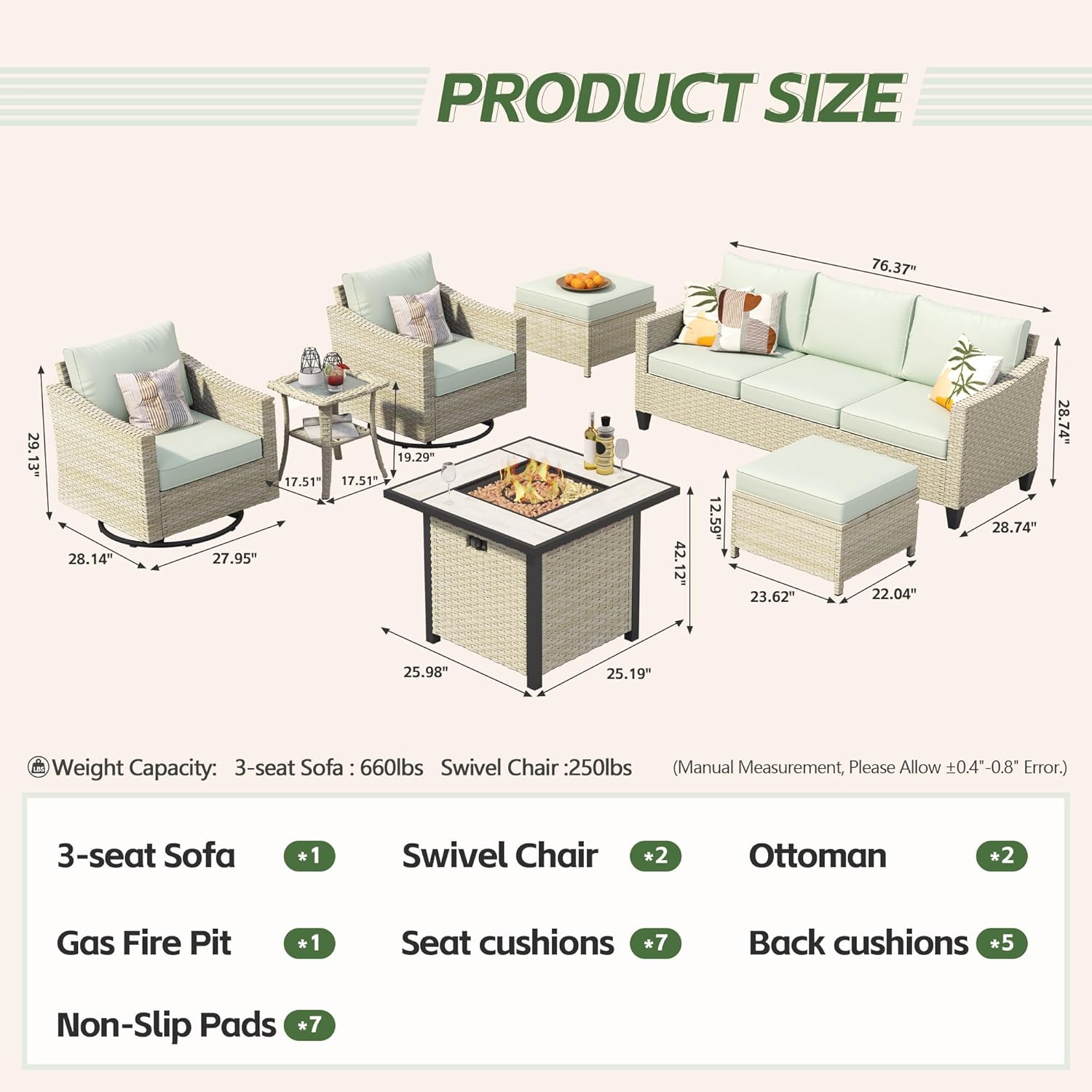 Patio Furniture 7 Pieces Outdoor Furniture Set with Rocking Chairs - PE Wicker Outdoor Sectional Sofa, Patio Ottomans, Fire Pit Table for Patio