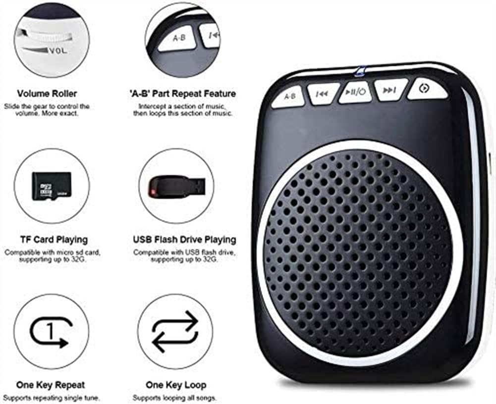 Voice Amplifier, Portable Mini Voice Amplifier with Wired Microphone Headset and Waistband, Supports MP3 Format Audio for Teachers, Singing, Coaches, Training, Presentation, Tour Guide (Black)