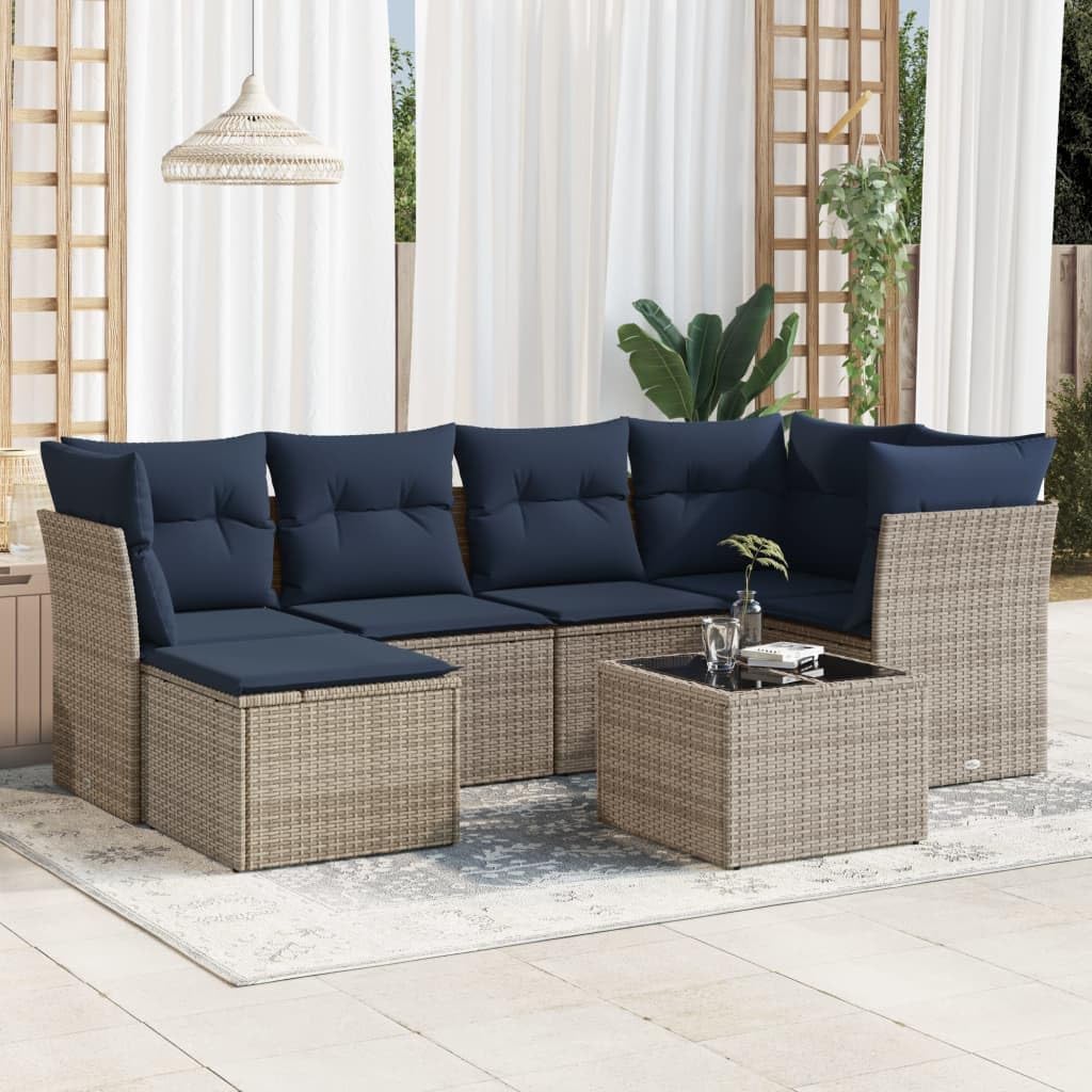 7 Piece Gray Poly Rattan Patio Sofa Set, Outdoor Sectional Furniture with Cushions, Tempered Glass Table, Modular Design for Backyard Terrace