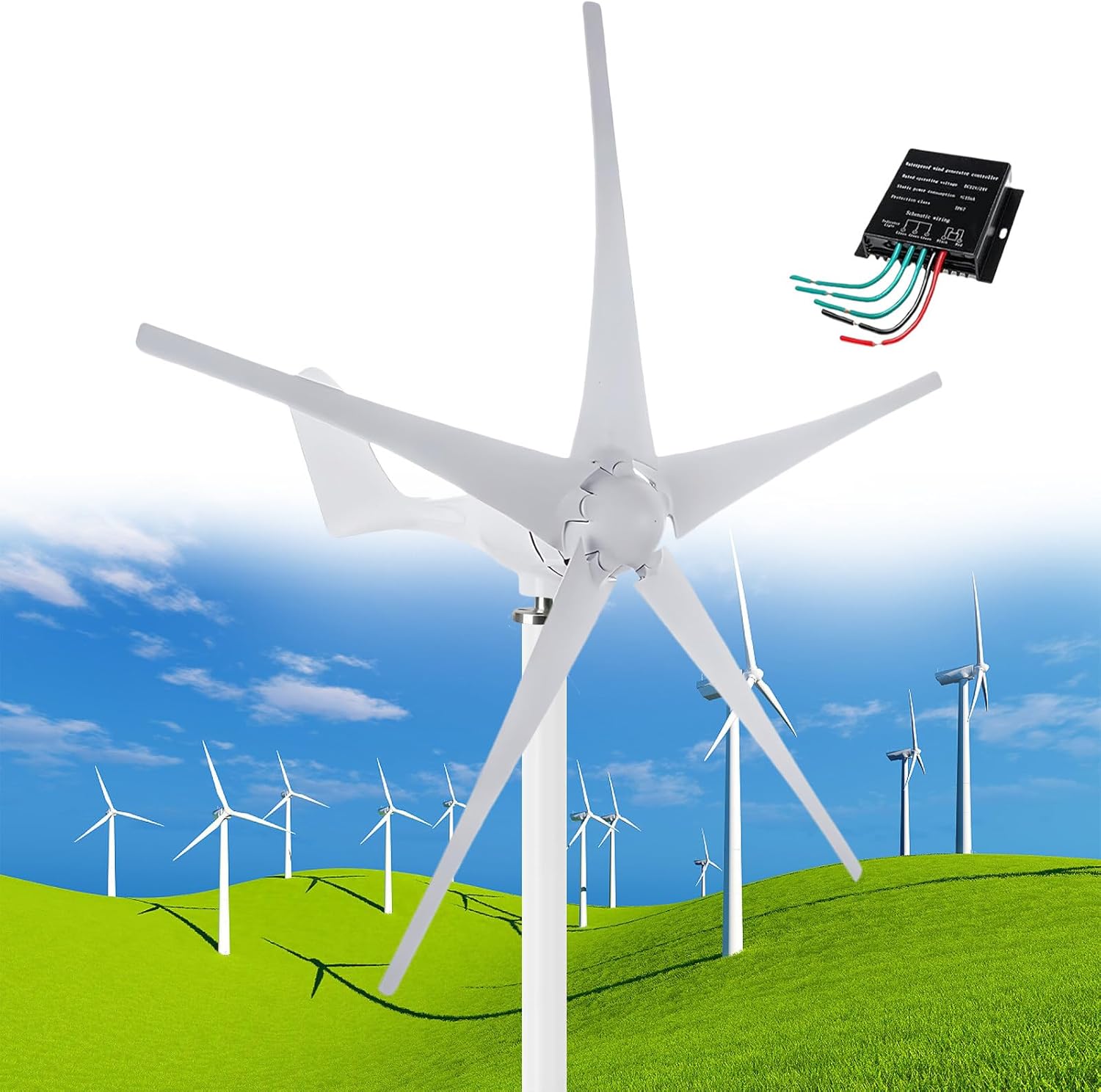 12000W Wind Turbine 12V/24V/48V 5 Blade Wind Vertical Generator 3 Phase AC Permanent Magnet Generator Wind Turbine Kit with Controller, Windmill Generator for Home/Terrace/Chalet/Motor Hom,White48V