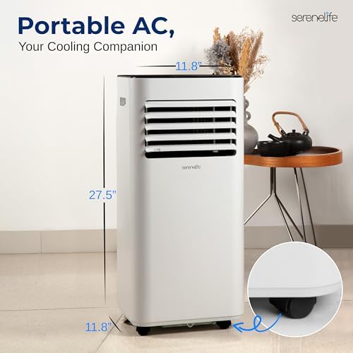 SereneLife Portable Air Conditioner 10000 BTU - 3-in-1 Compact Standing Air Conditioner for Room Up to 320 Sq. Ft. - Floor AC Unit with Remote Control - Universal Casters, Window Mount Kit