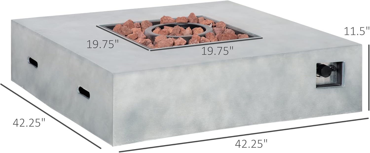 Outsunny Outdoor Propane Fire Pit Table Faux Grey Ledge Stone 42-inch Square Fire Table, 50,000BTU Auto Ignition Gas Firepits with Protective Cover, Lava Rocks, CSA Certification for Outdoor, Grey