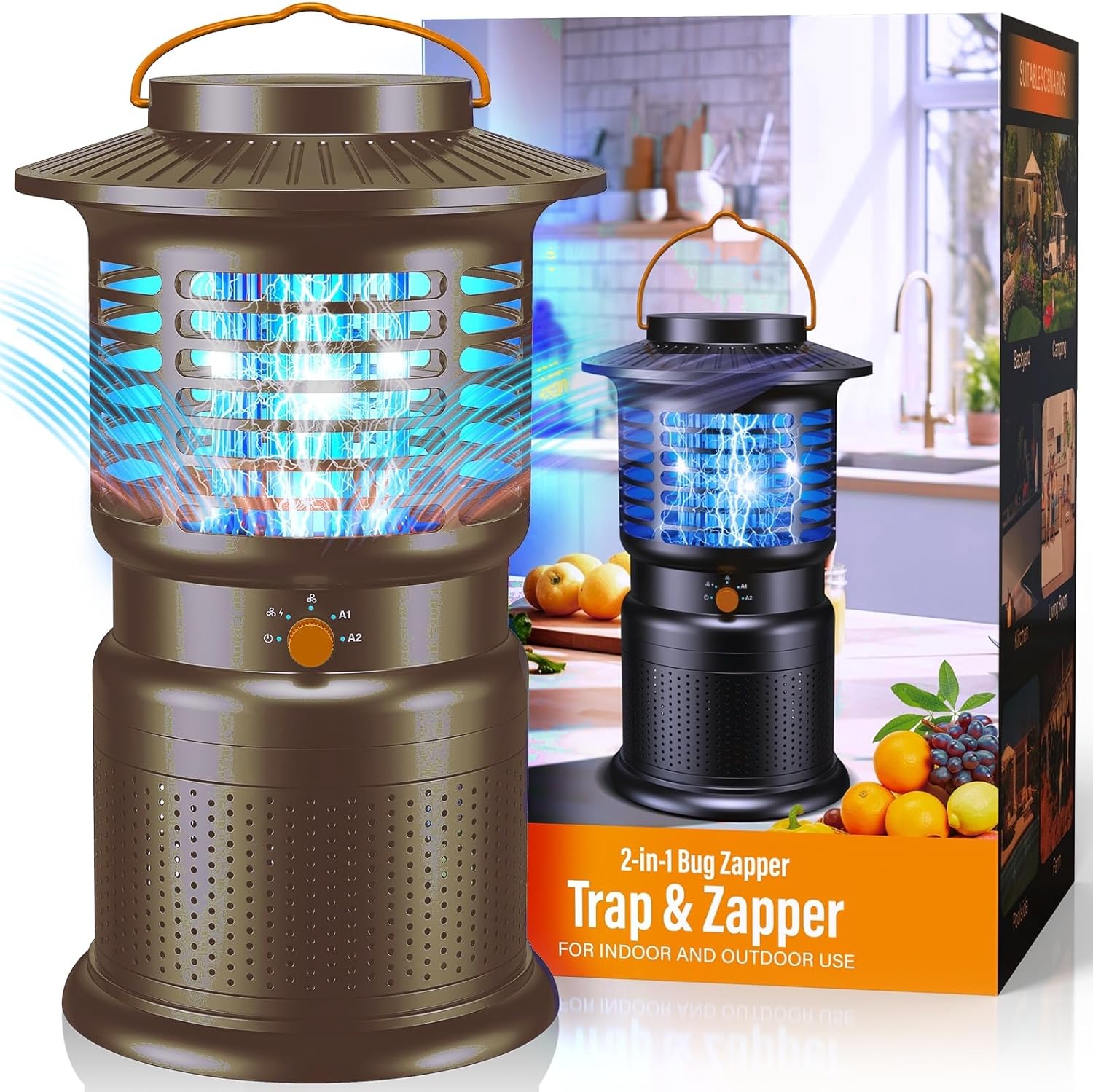 Bug Zapper Outdoor & Mosquito Trap, 4-in-1 Mosquito Zapper with Ultra-Quiet Suction, Rechargeable Fly Traps with 10,000mAh Long Battery Life, Auto On/Off Insect Zapper for Yard, Home, Camping Brown