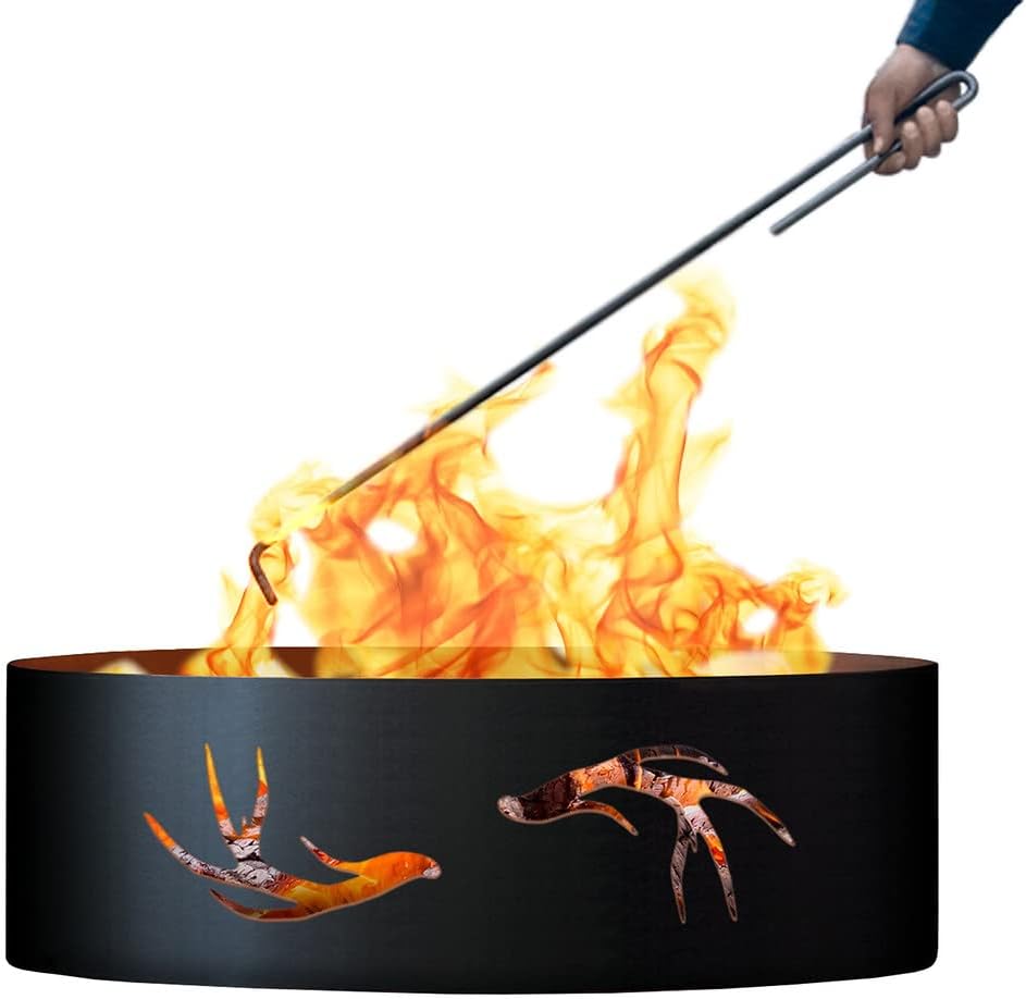 PD Metals ANT01830-FP Antlers Unpainted 12 in. Tall 30 in. Diameter Outdoor Fire Ring with Fire Poker - 30 x 30 x 12 in. - Rustic Black Color