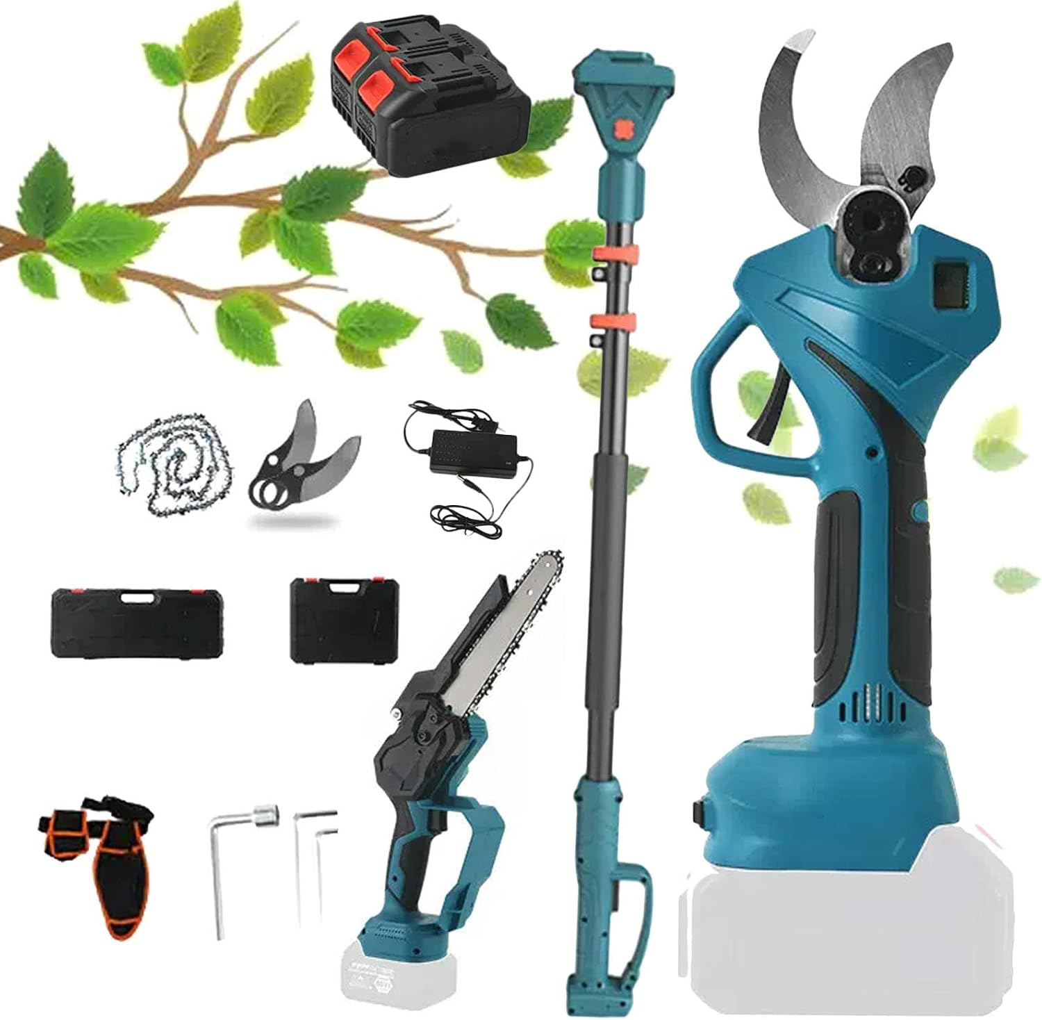 Electric Pruning Shears with Extension Pole, Powered Pruner Professional Cordless Branch Cutter with Power Display, Chainsaw, Trimmers 35mm Cutting Diameter, for Gardening Outdoor