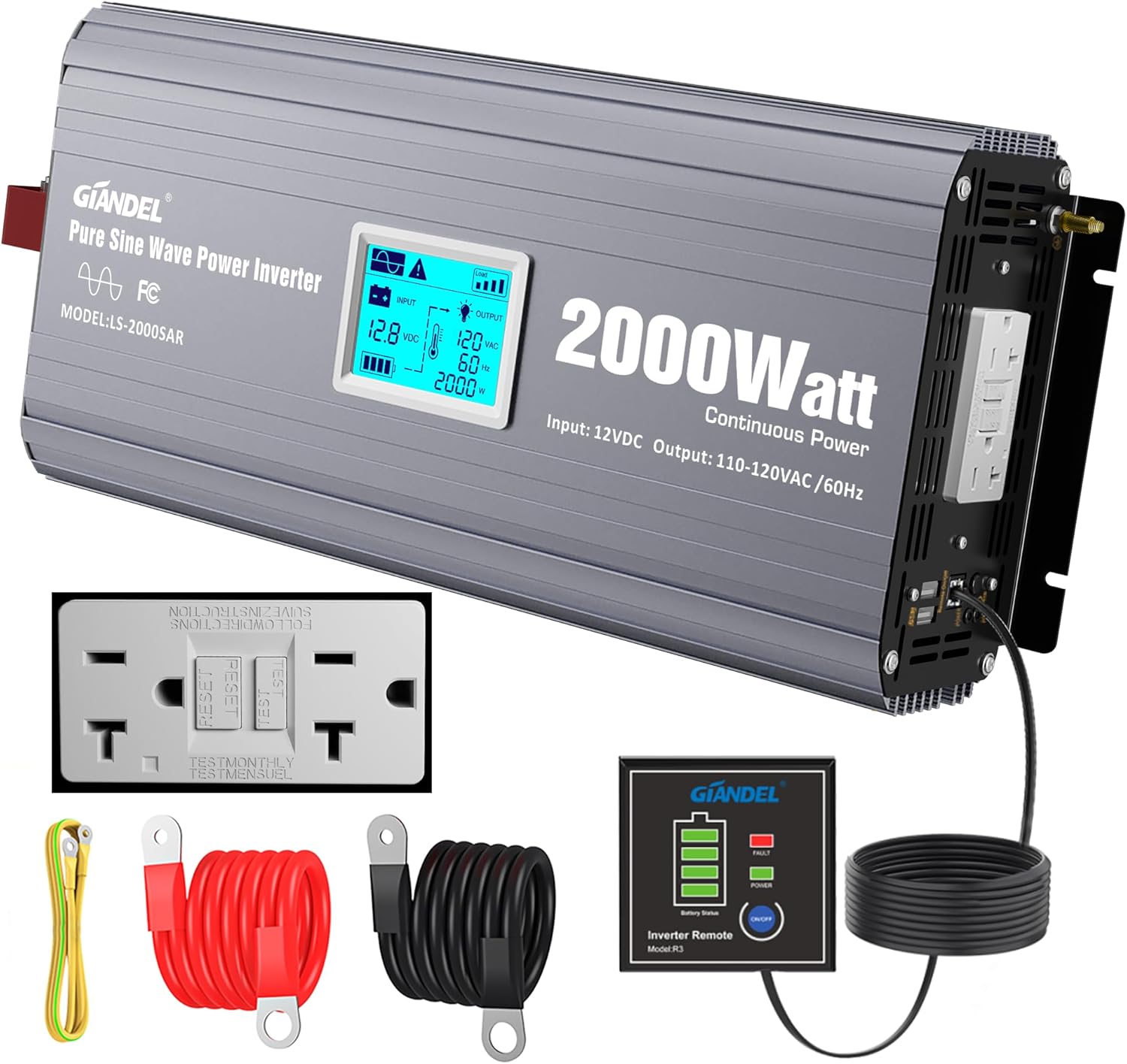 2000 Watt Inverter Pure Sine Wave with UL Listed GFCI Outlets Power Inverter 12V DC to 120V AC FCC Approved Remote with Battery Level Monitor for Off Grid Solar Setup RVs Campers