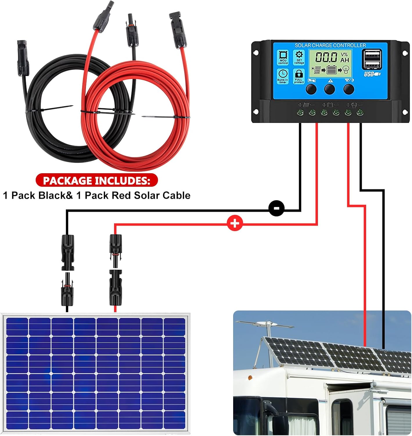 2x60 Feet Solar Panel Extension Cable, 10AWG Solar Cable, Solar Panel Cable with Female and Male Waterproof Connectors for RV, Photovoltaic Systems (60FT Red + 60FT Black)