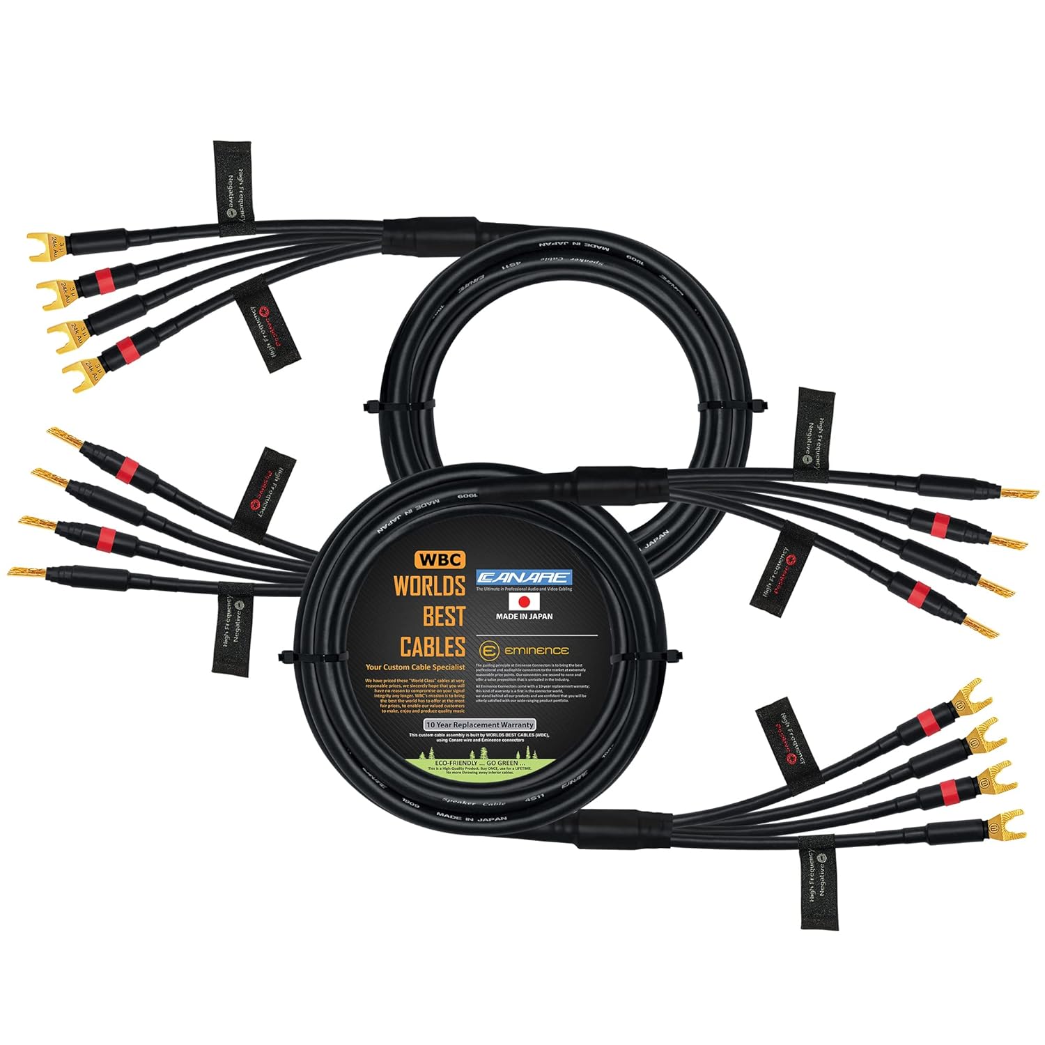 WORLDS BEST CABLES 12 Foot - Canare 4S11 – Audiophile Grade - HiFi Star-Quad Bi-Amp Speaker Cable Pair with Eminence Gold Banana & Spade Connectors [Banana x4 – Spade x4]