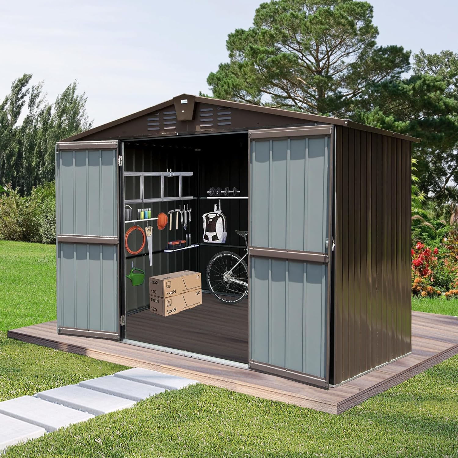 Domi Outdoor Storage Shed 8.2x6.2 FT, Metal Tool Sheds Storage House with Lockable Double Door,Large Bike Shed Waterproof for Garden,Backyard,Lawn (Brown)