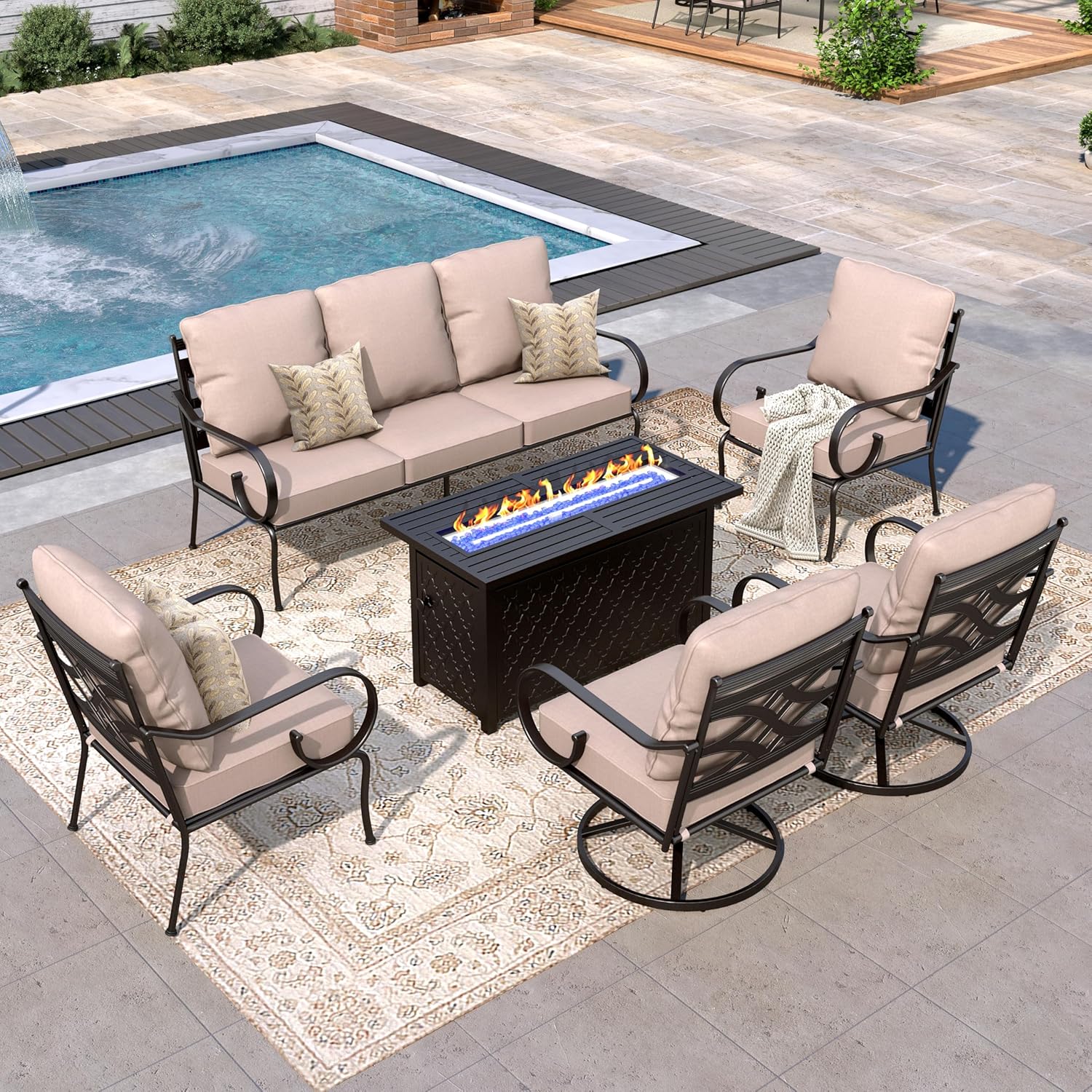 6-Pieces Metal Patio Furniture Sets, Outdoor Sectional Patio Conversation Set with Fire Pit Table, ALL Weather Black Metal Patio Sofa Set with Beige Cushions for Deck,Lawn,High Back,Swivel Chair