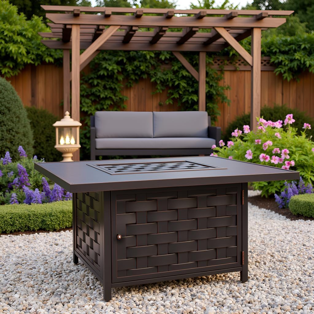 Square LPG/NG Gas Fire Pit Table 55K BTU w/Burner Lid, Cover, Fire Glass #65125