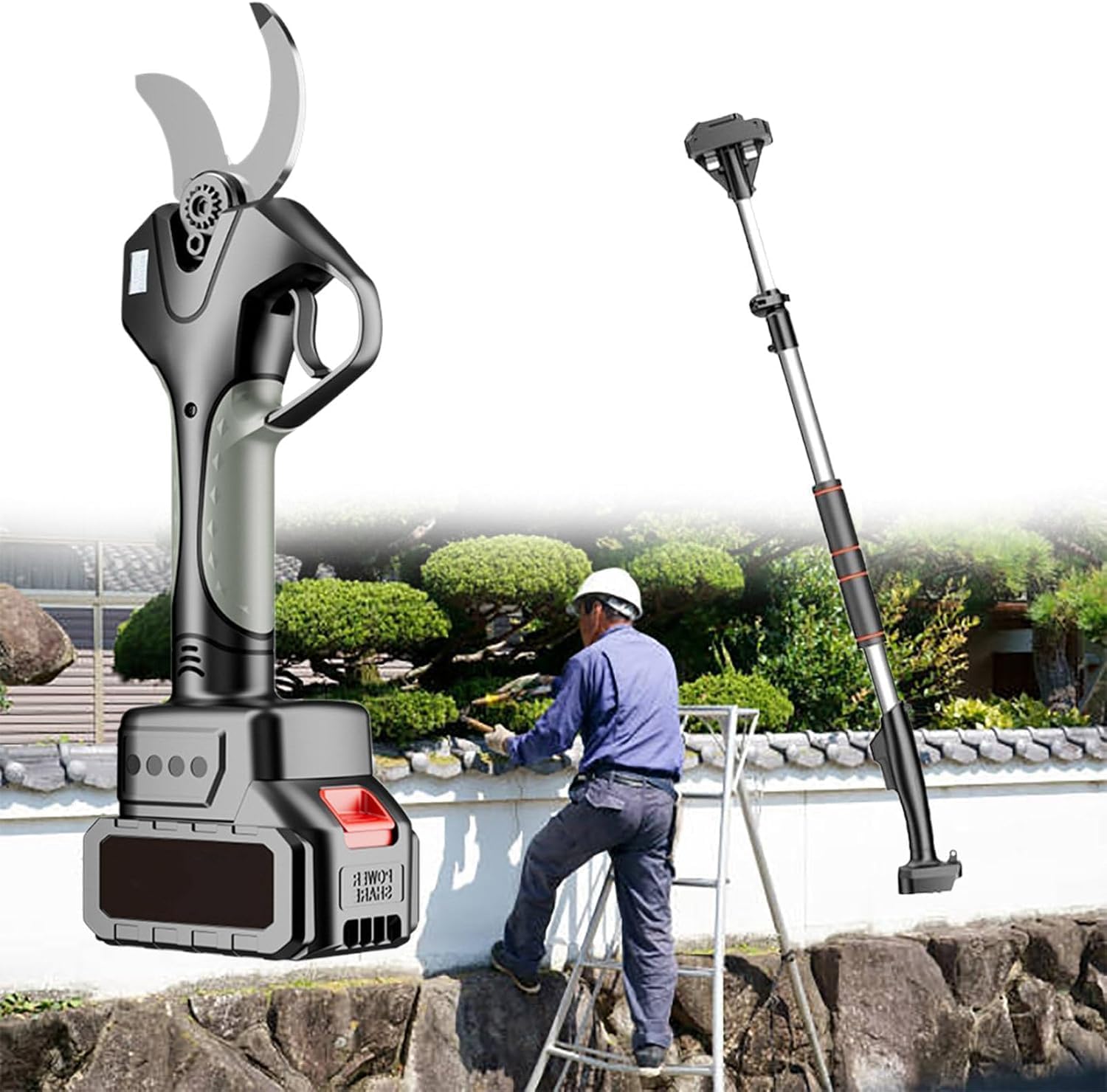 Electric Pruning Shears, Brushless Motor & 3 Inch Cutting Diameter Cordless Garden Pruner for Tree Branch, with 7.1 Ft High Reach Extension Rod, 2 Battery