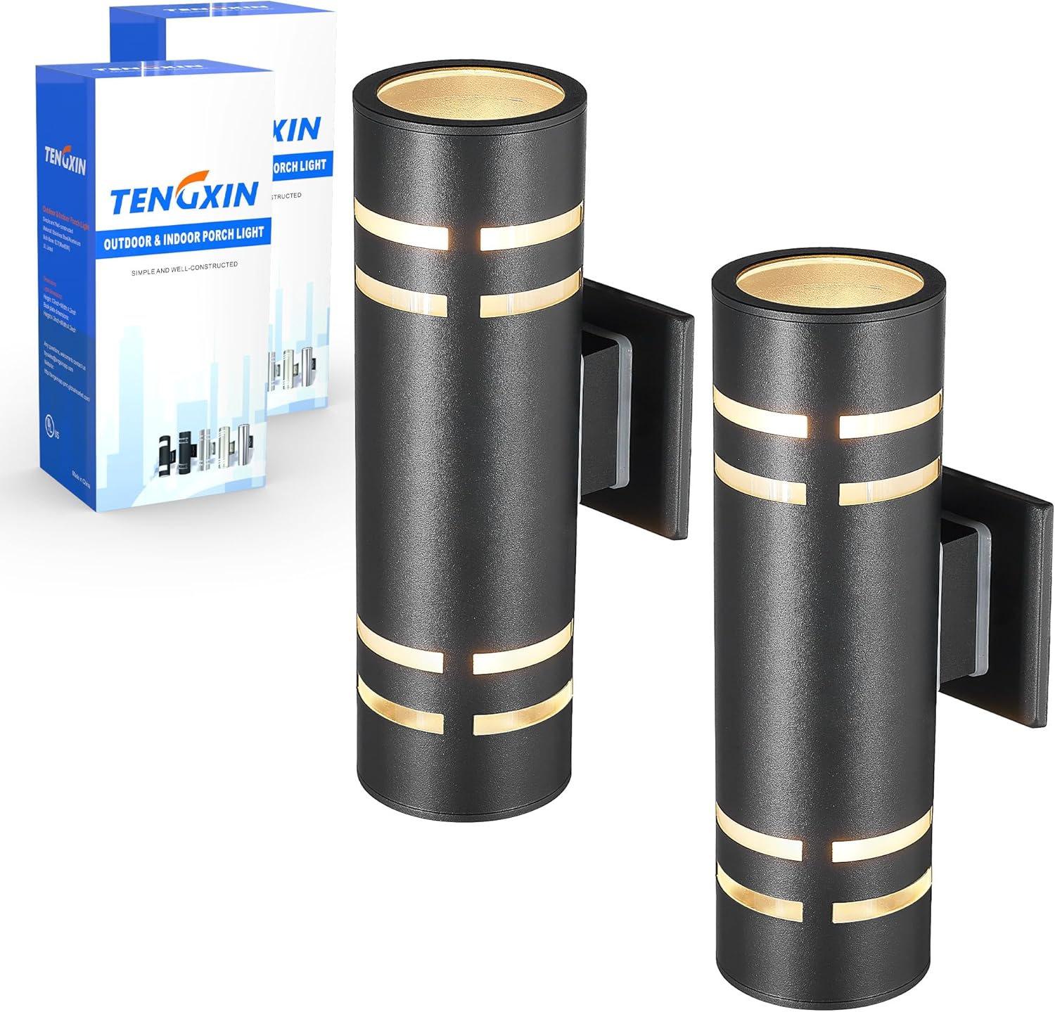 TENGXIN 2 Pack Patio Wall Light,Modern Outdoor Wall Sconce with Stainless Steel Cylinder, Wall Mount Light Exterior Lighting Fixtures Black