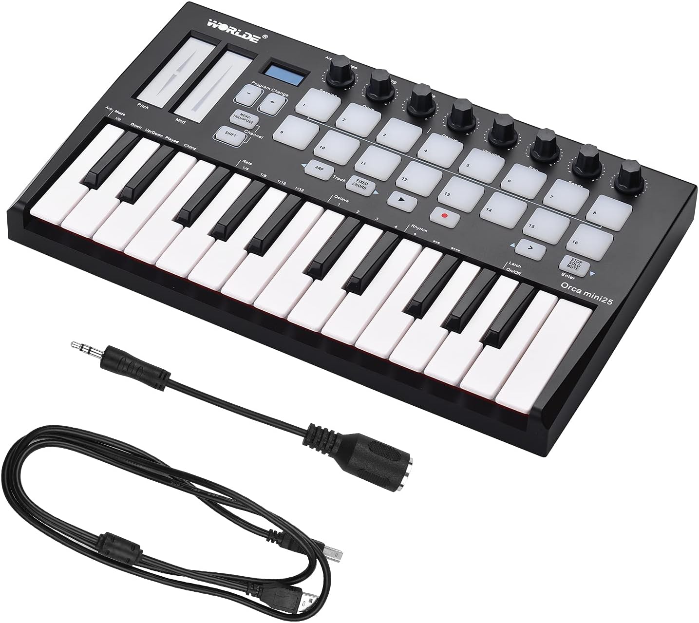 25 Portable 25-Key USB MIDI Keyboard Controller with 16 RGB Backlit Trigger Pads 8 Assignable Control Knobs