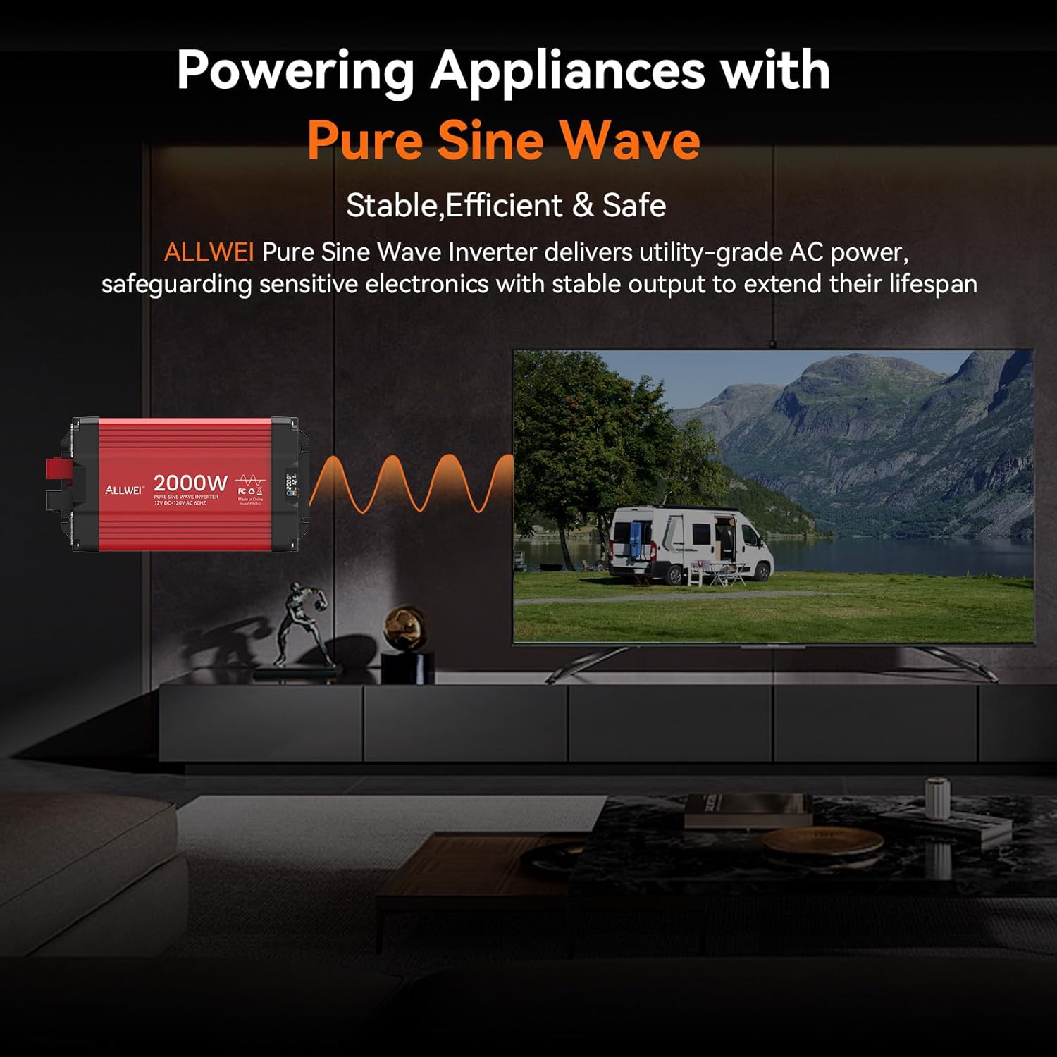 ALLWEI 2000W Pure Sine Wave Inverter 12V DC to 110V/120V AC Converter, Surge 4000W, 2 AC Sockets, LCD Display, Power Inverters for Vehicles, RV Truck Home Solar & Off-Grid Inverter, Remote Controller