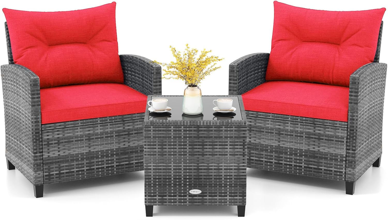 KOTEK 3 Piece Patio Furniture Set, Outdoor PE Rattan Conversation Set with Washable Cushions & Tempered Glass Tabletop, Wicker Chairs and Table Set for Porch, Garden, Balcony (Red)