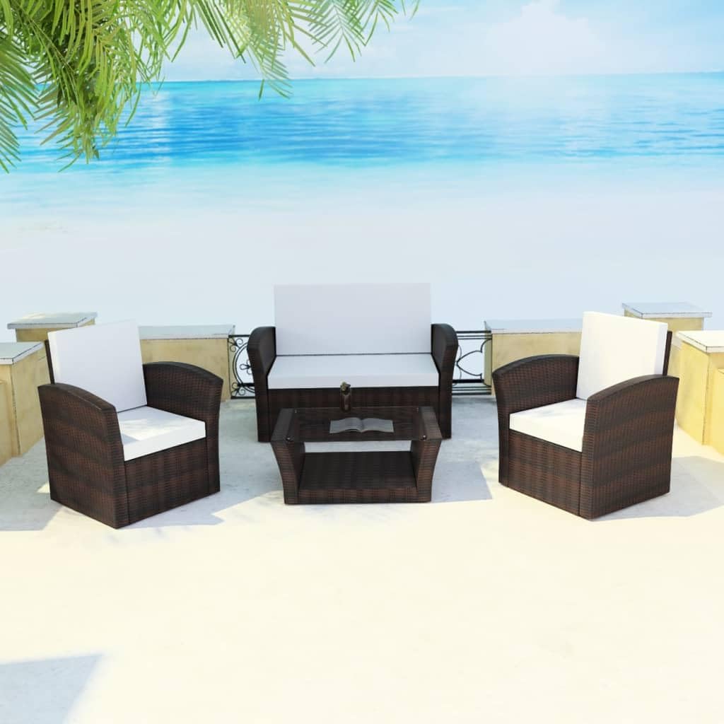4 Piece Patio Lounge Set with Cushions Poly Rattan Brown,Outdoor Rattan Patio Furniture Set with Comfortable Cushions and Sturdy Construction Patio Furniture Sets
