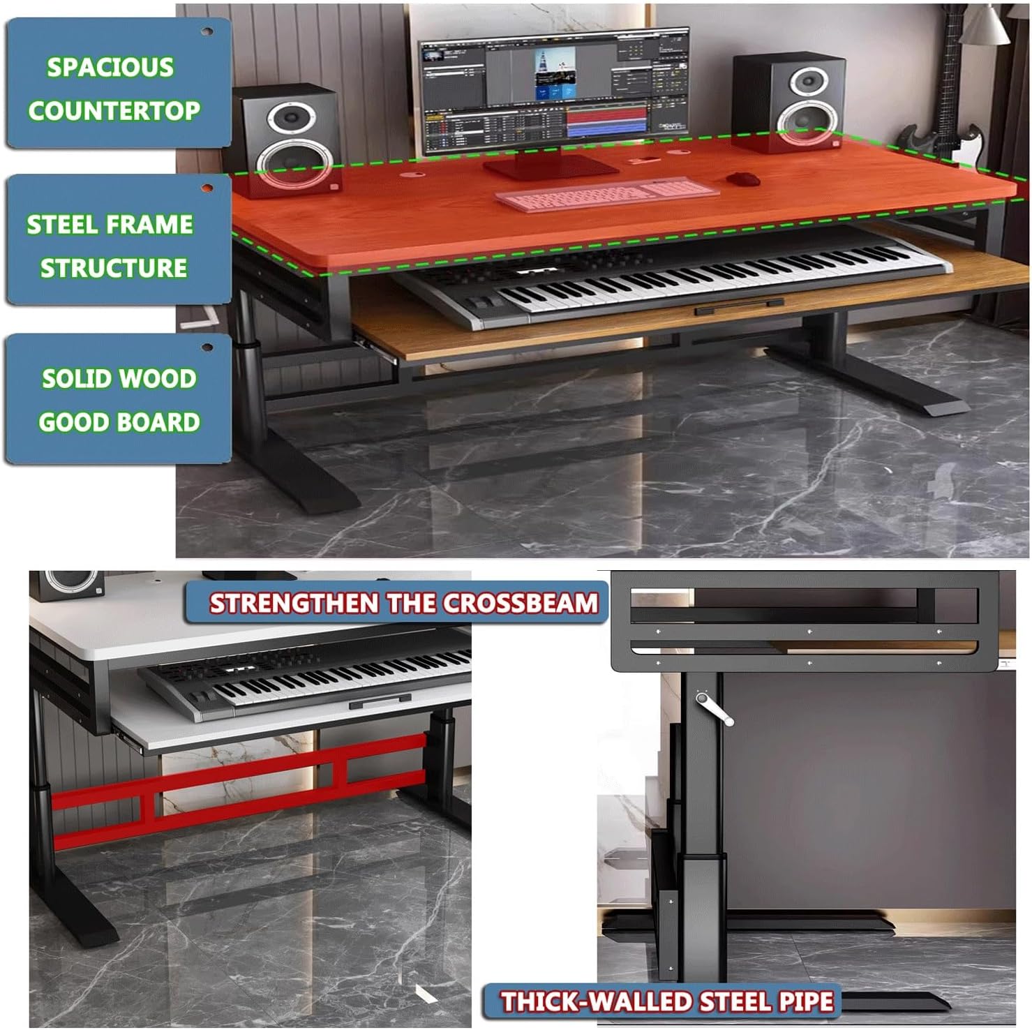 Music Studio Desk Workstation with Keyboard Tray, Office Computer Table with Organized Wiring/Keyboard Shelf Workbench Electronic Piano Midi Production Recording Studio(Walnut Wood+Black Shelf,62in)