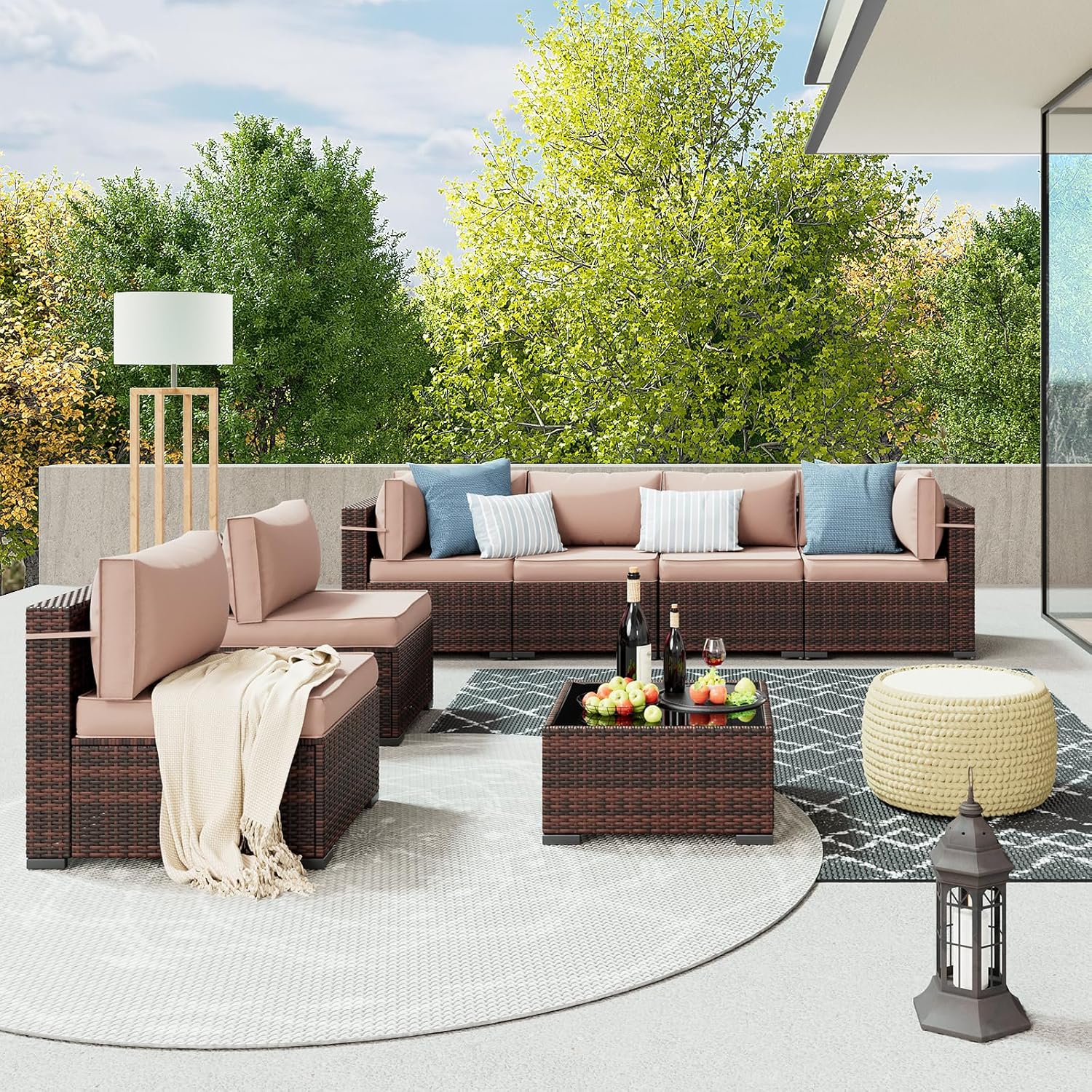 Amopatio Outdoor Patio Furniture Set 7 Pieces Patio Conversation Set Sectional Couch Sofa with All-Weather Cover, Glass Table & Thicken Cushion Fits Garden Yard Porch