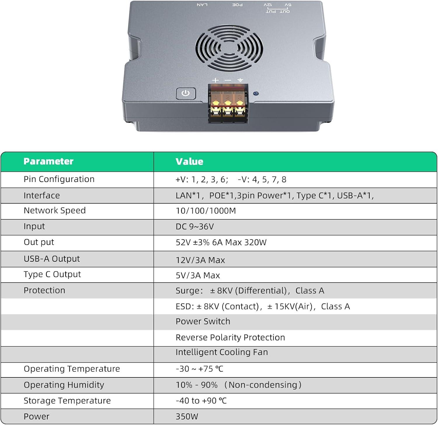 QUIDDITY Starlink Mini Poe Kit: 350W GigE & ESD Protection Starlink 12V Mini Adapter Splitter, 9-36V DC Input, 52V/6A DC for Star Link Mini/Gen 3 Dishy with Cooling Fan Starlink Internet Kit