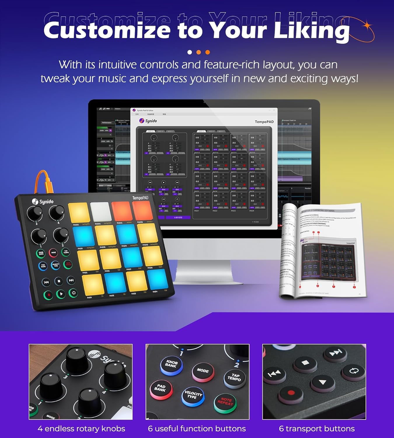 Synido Wireless Audio Interface Live Sound Card and TempoPAD Midi Controller Beat Maker Machine for Music Production