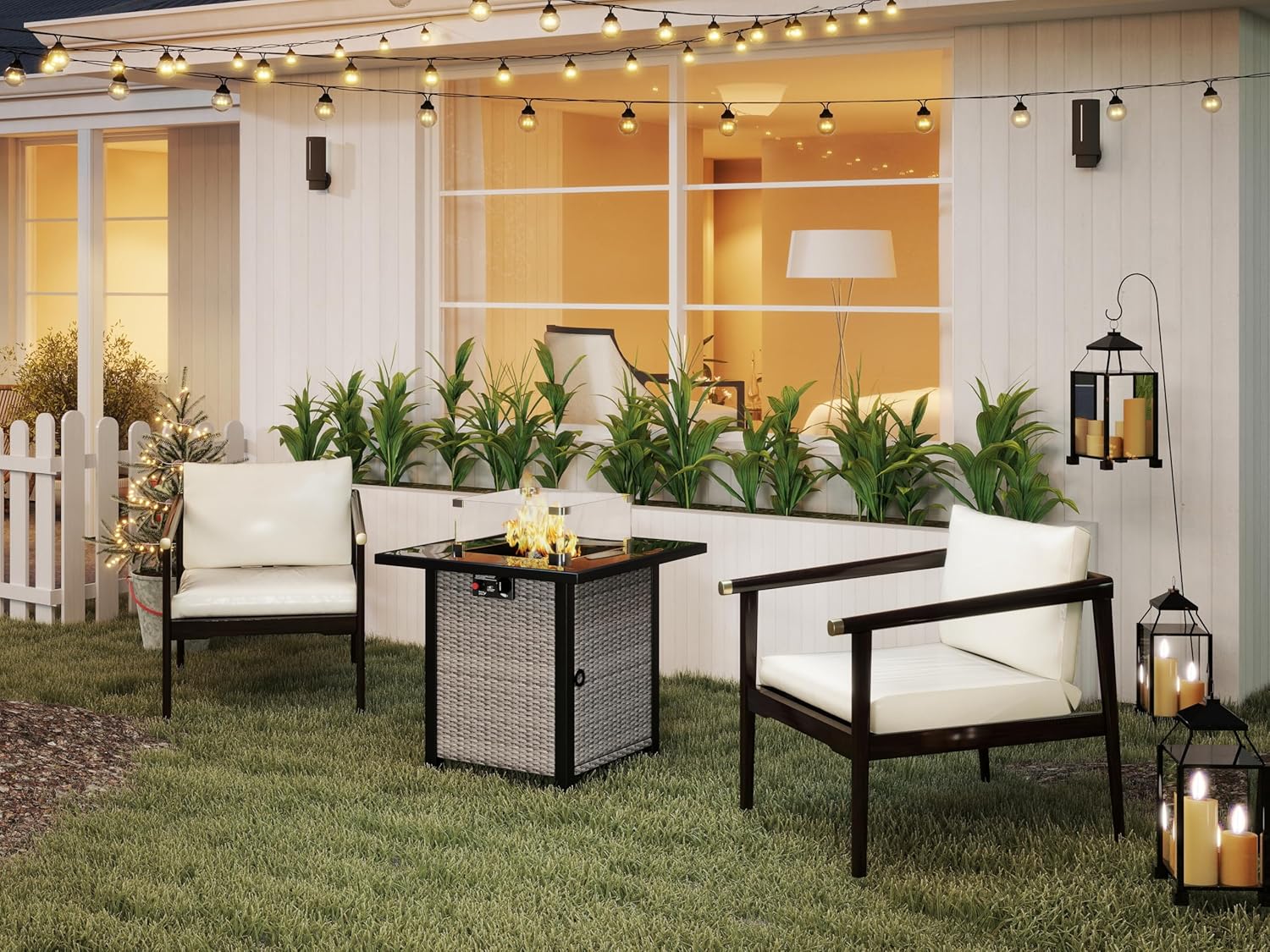 28 Inch Propane Fire Pit Table, Rattan Wicker Look, 50000 BTU Gas Firepits Tempered Glass Tabletop with Glass Windscreen Protector for Outside Patio and Garden(Grey+White)