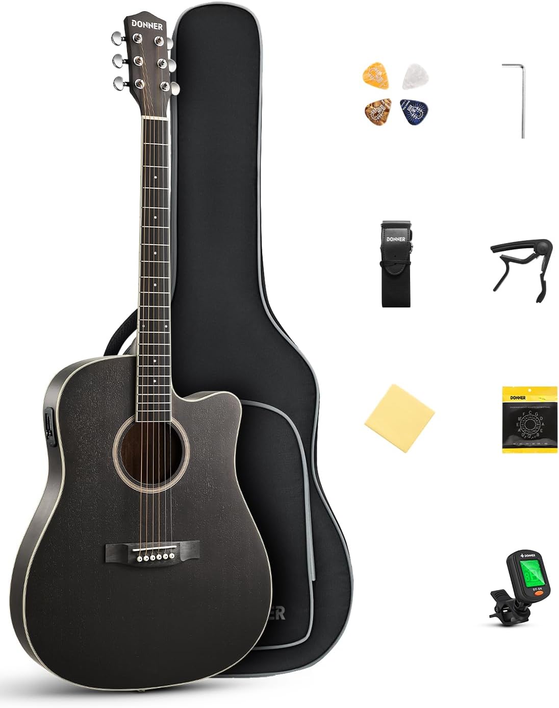 Donner 41-Inch Acoustic Electric Guitar Kit for Beginners, Full Size with Capo, Picks, Tuner, Strings, Strap - Black