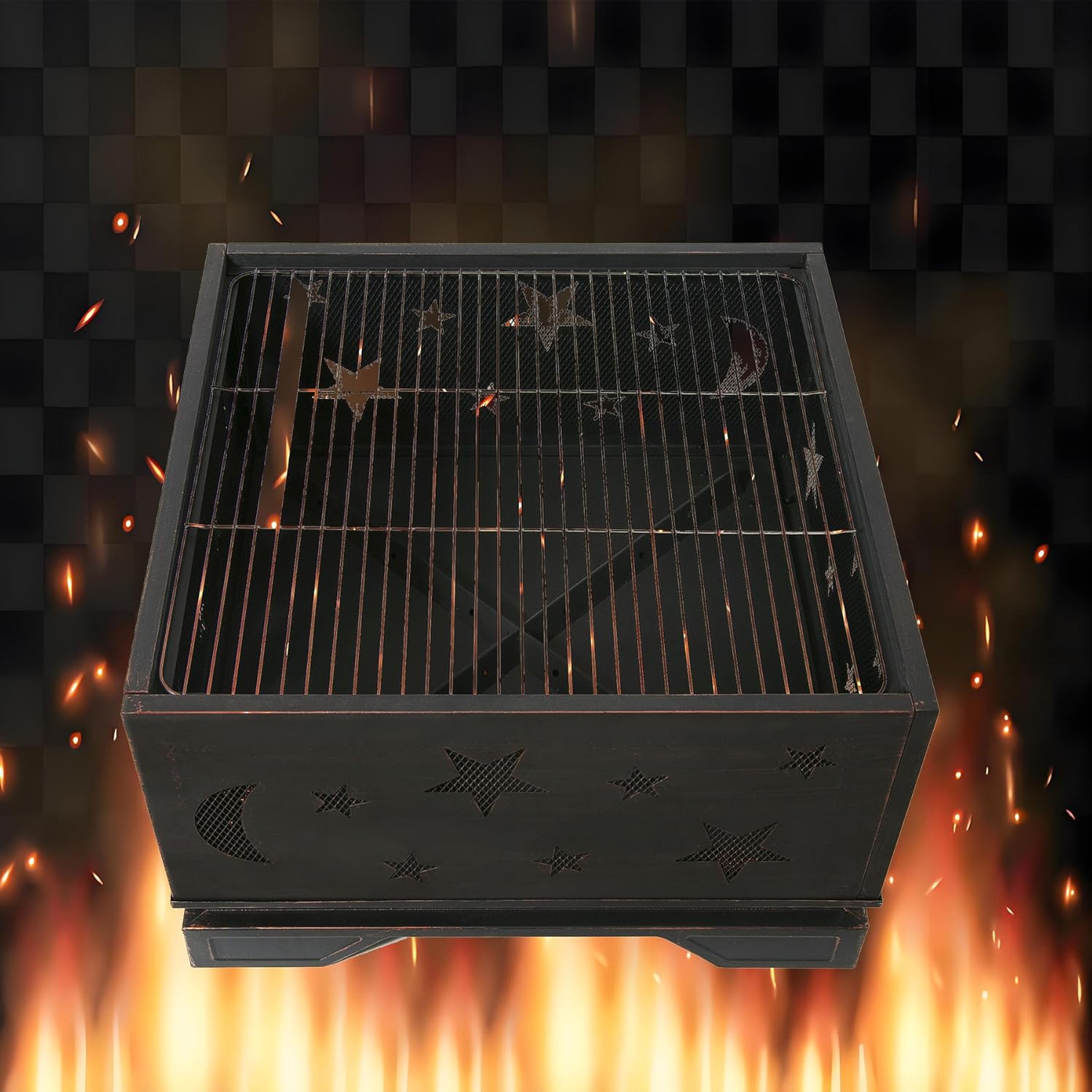 Outdoor Fire Pit Square Wood Burning Stove, 26-Inch Backyard Outside Firepit with Grill Grate, Metal Stove for Patio, Garden, Camping, Picnic Bonfires