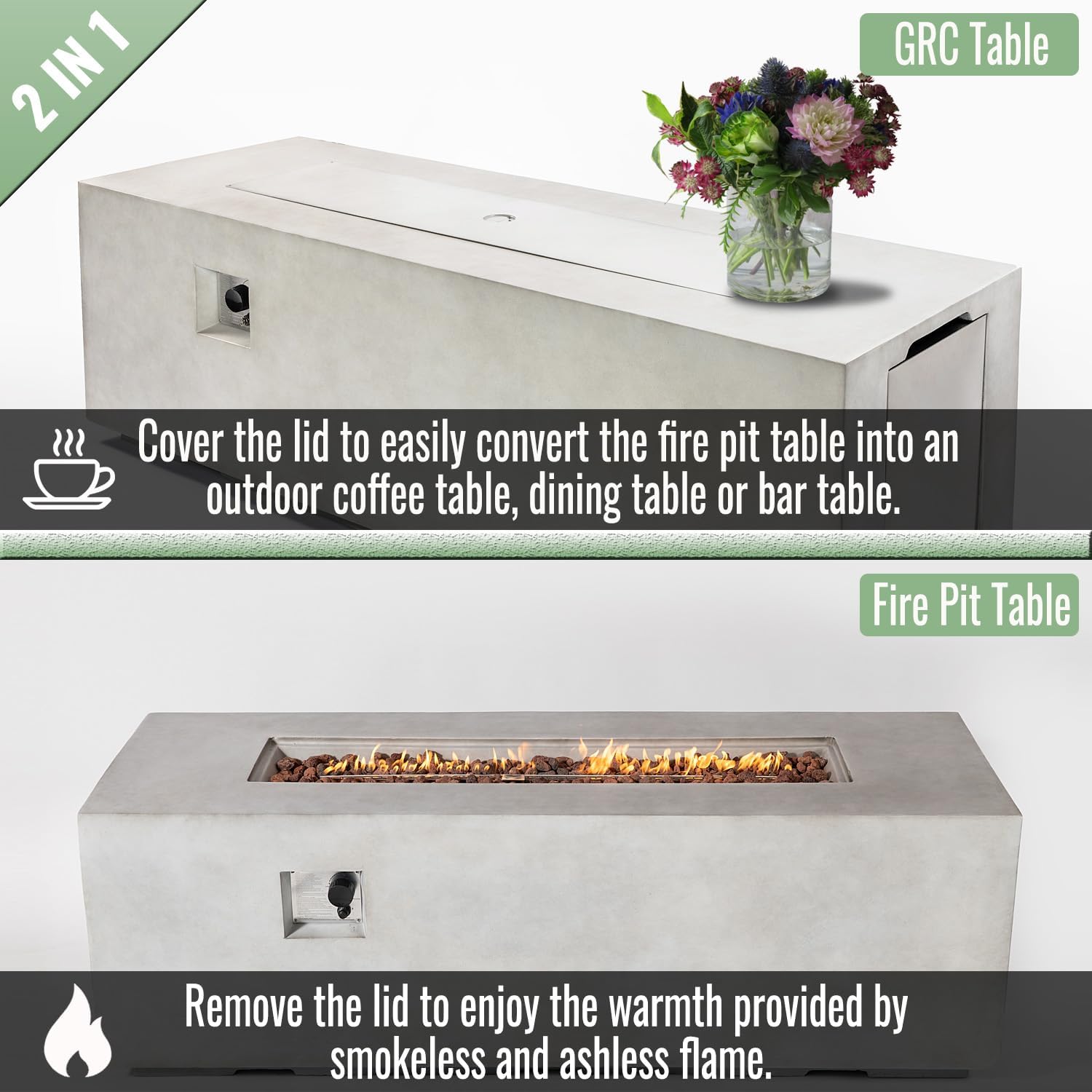 70 Inch Propane Fire Pit Table, Concrete Firepits for Outside, Rectangular Gas Fire Pit for Outside Patio, Backyard, Pool, 60,000 BTU, Free Lava Rocks, Light Gray