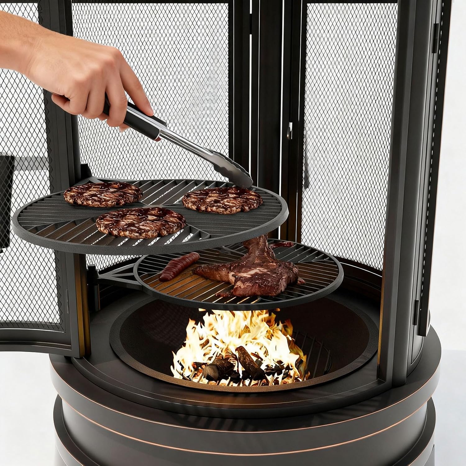 ALAULM Metal Chiminea Fire Pit with Grill, 2 in 1 Firepit with Adjustable Grill Tray & Mesh Spark Screen Door, 3-Door Multi-Access Fireplace for Patio, Garden & Backyard