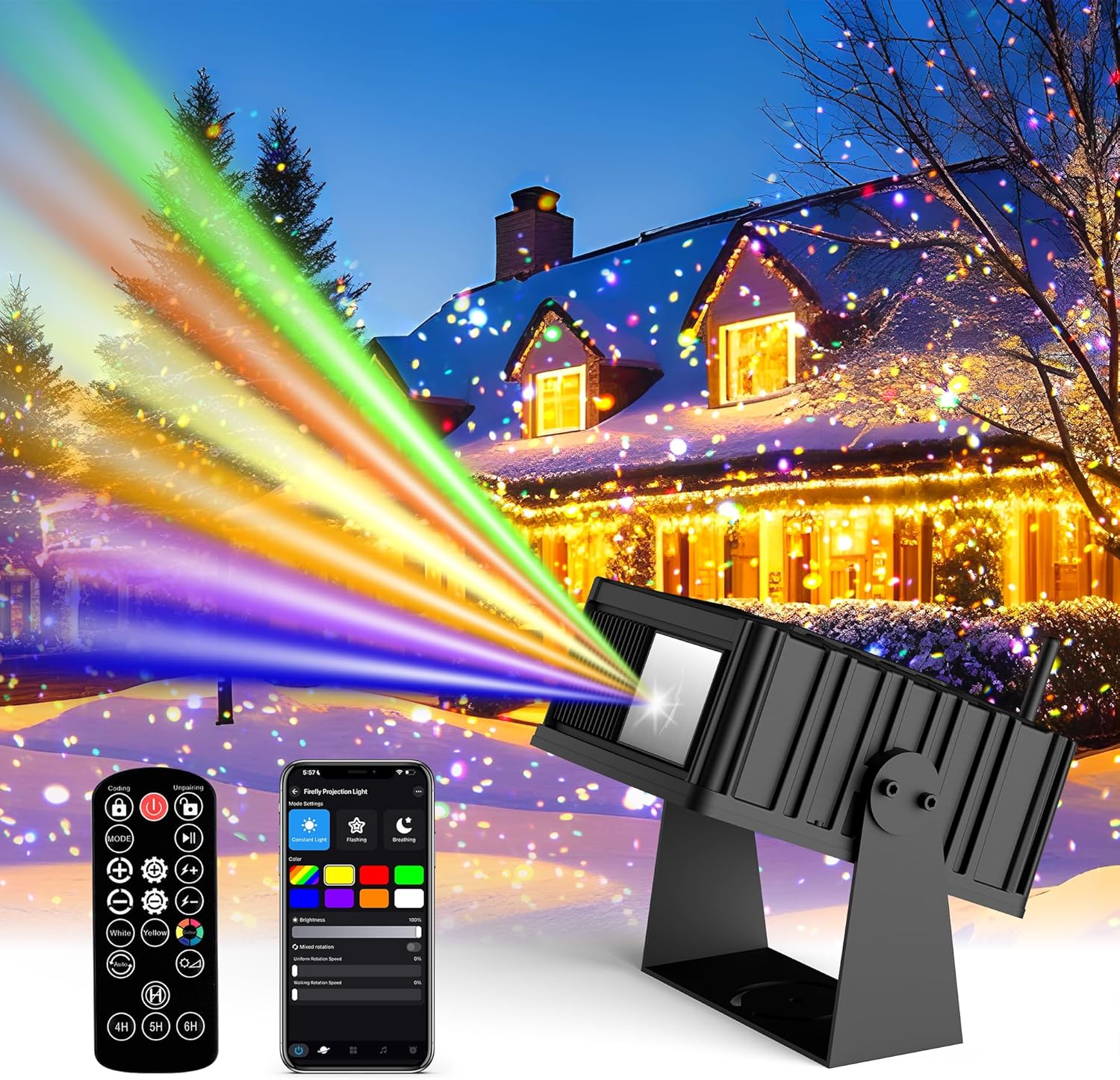AIRIVO Outdoor Star Laser Projector, App & Remote Control 7 Colors Motion Smart Firefly Lights Christmas Snowflake Projector, 8 Lighting Effects Fairy Light Projector for Holiday Decor Garden Light