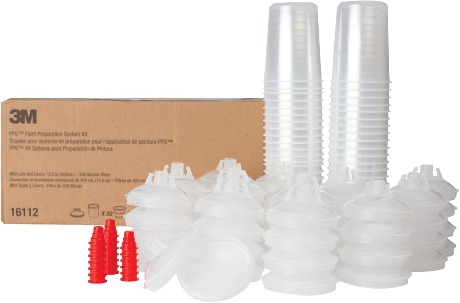3M PPS (Original Series) Paint Spray Gun Cup Lids and Liners Kit, 16112, Midi, 13.5 oz, 200-micron Filter, Use w/ Paint Gun for Cars, Furniture, Home, 50 Disposable Lids and Liners, 20 Sealing Plugs