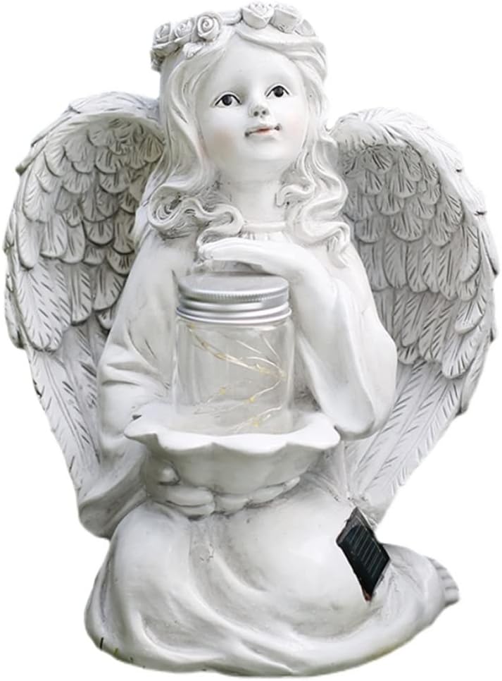 Angel Garden Figurine Outdoor Statues with Solar Lights Outdoor Decor Lawn Resin Figurines for Yard Porch (Color : White, Size : 21 * 15 * 26cm)
