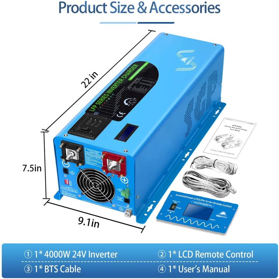 SUNGOLDPOWER 4000W Peak 12000W DC 24V to AC Ouput 120V Pure Sine Wave Power Inverter with Battery Charger Low Frequency Solar Wind Inverter Charger LCD Display Power Converter (4000W 24V)