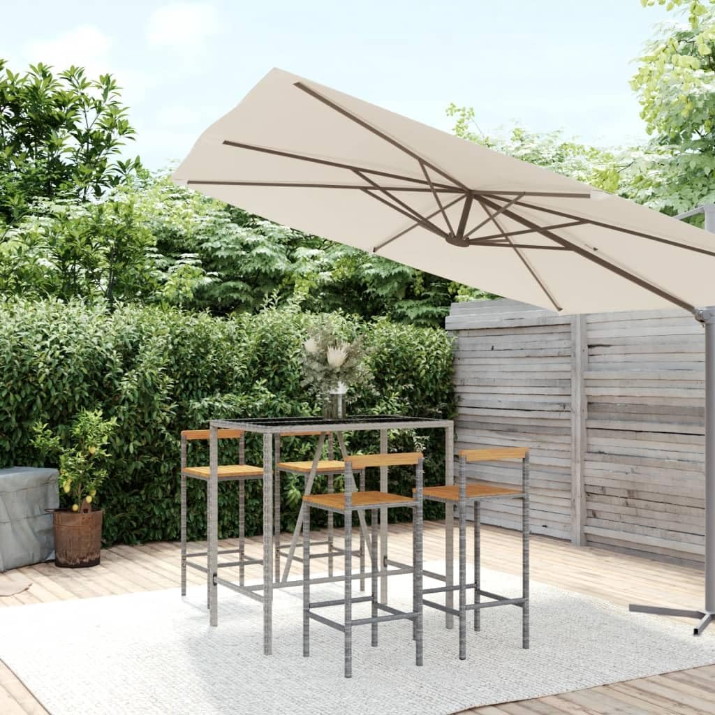 5 Piece Patio Bar Set Gray Poly Rattan& Solid Wood Acacia,Modern Outdoor Bar Set with Rattan Chairs and Tempered Glass Table for Patio and Garden Furniture Sets for Patio, Lawn & Garden