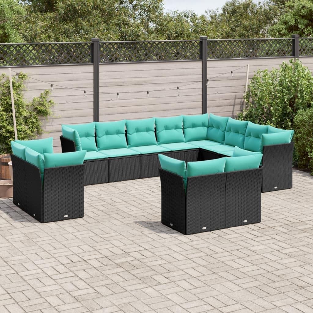 12-Piece Garden Sofa Set, Black Poly Rattan Outdoor Furniture with Blue Cushions, Modular Patio Seating for 10 People, Balcony, Terrace