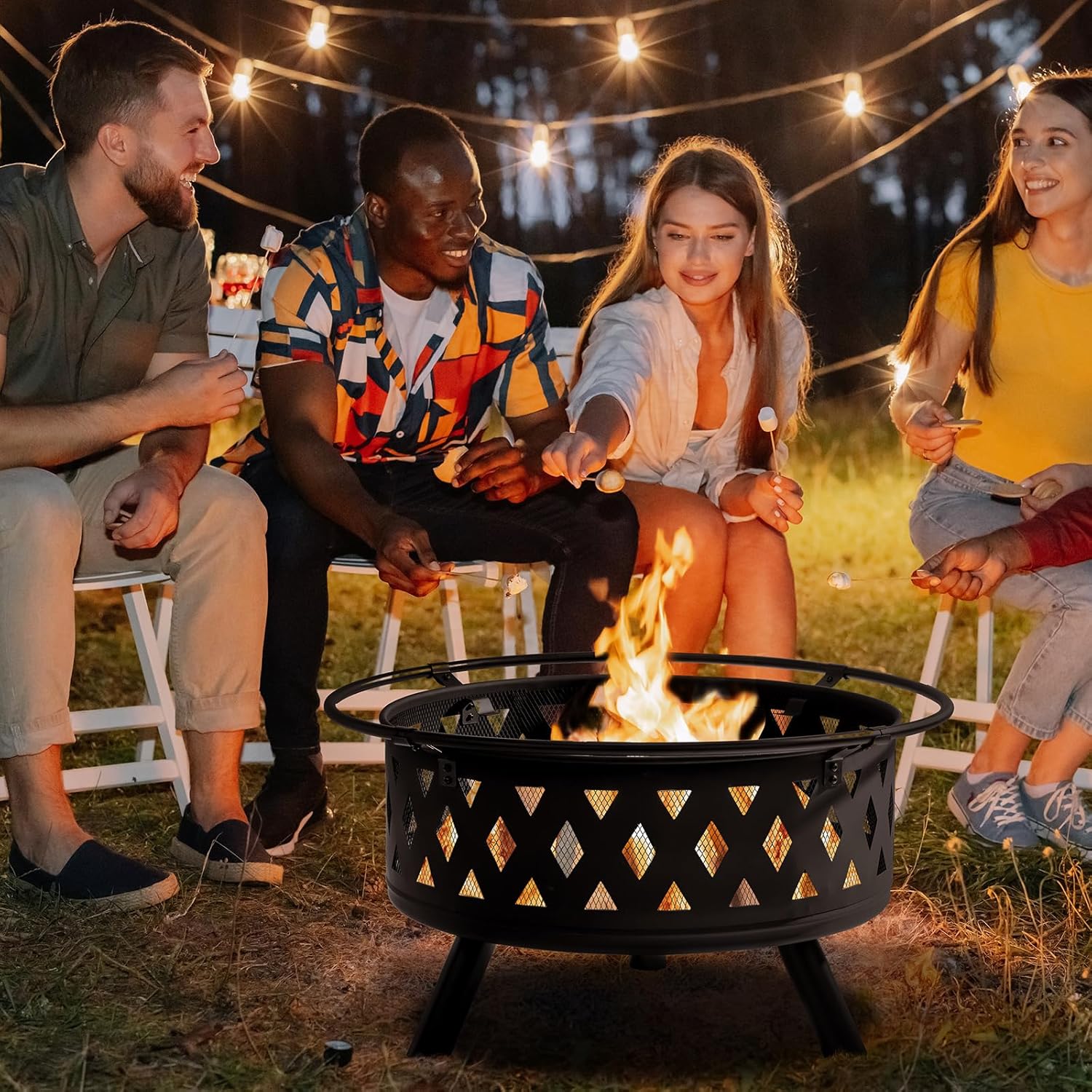 Outdoor Wood Burning Fire Pit 32 Inch, Round Metal Firepit for Outside, Bonfire Fire Pits with Mesh Lid, Poker and Waterproof Cover for Backyard Heating, Garden, Patio, Camping, Black