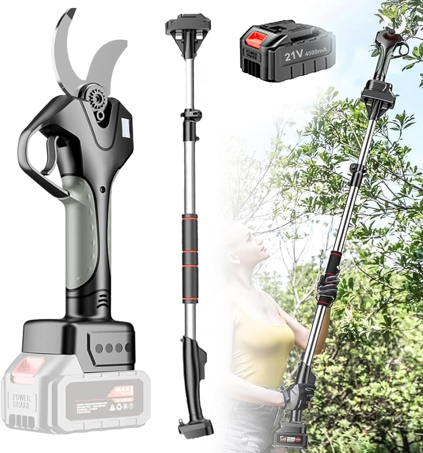 Tree Pruner Branch Cutter with LCD Display Screen, 21V Lithium Battery Electric Pruning Shears with Extension Pole, Cordless Pruner,1 Battery