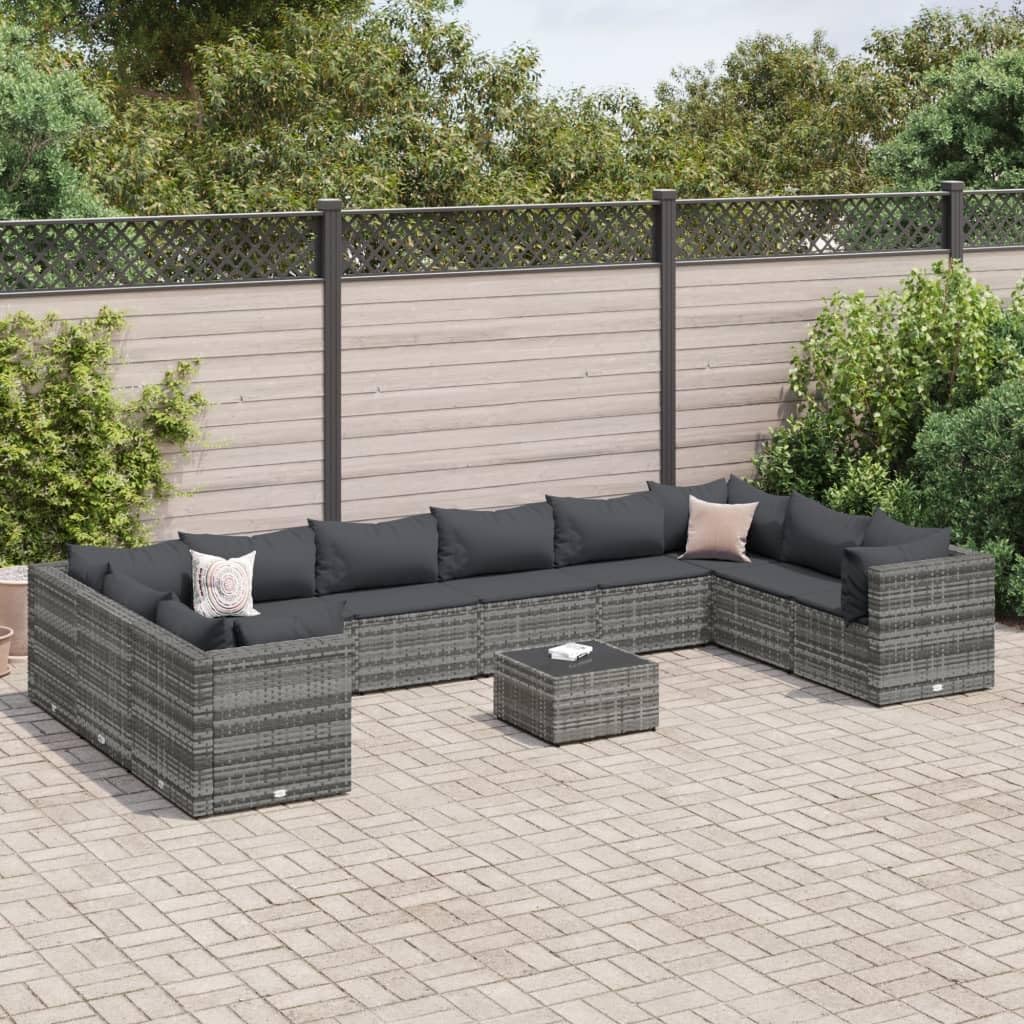 Furniture Sets 11 Piece Patio Lounge Set with Cushions Gray Poly Rattan,Premium Outdoor Lounge Set: PE Rattan Corner Sofa with Glass Top Table Garden Conversation Sets