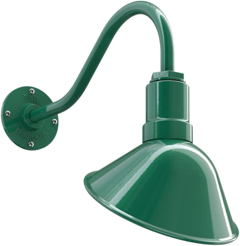 Steel Lighting Co. Venice Store Sign Light | for Outdoor Restaurant Accent Wall | 9 inch Dome | 16 inch Gooseneck | Made in America | Green Exterior/White Interior