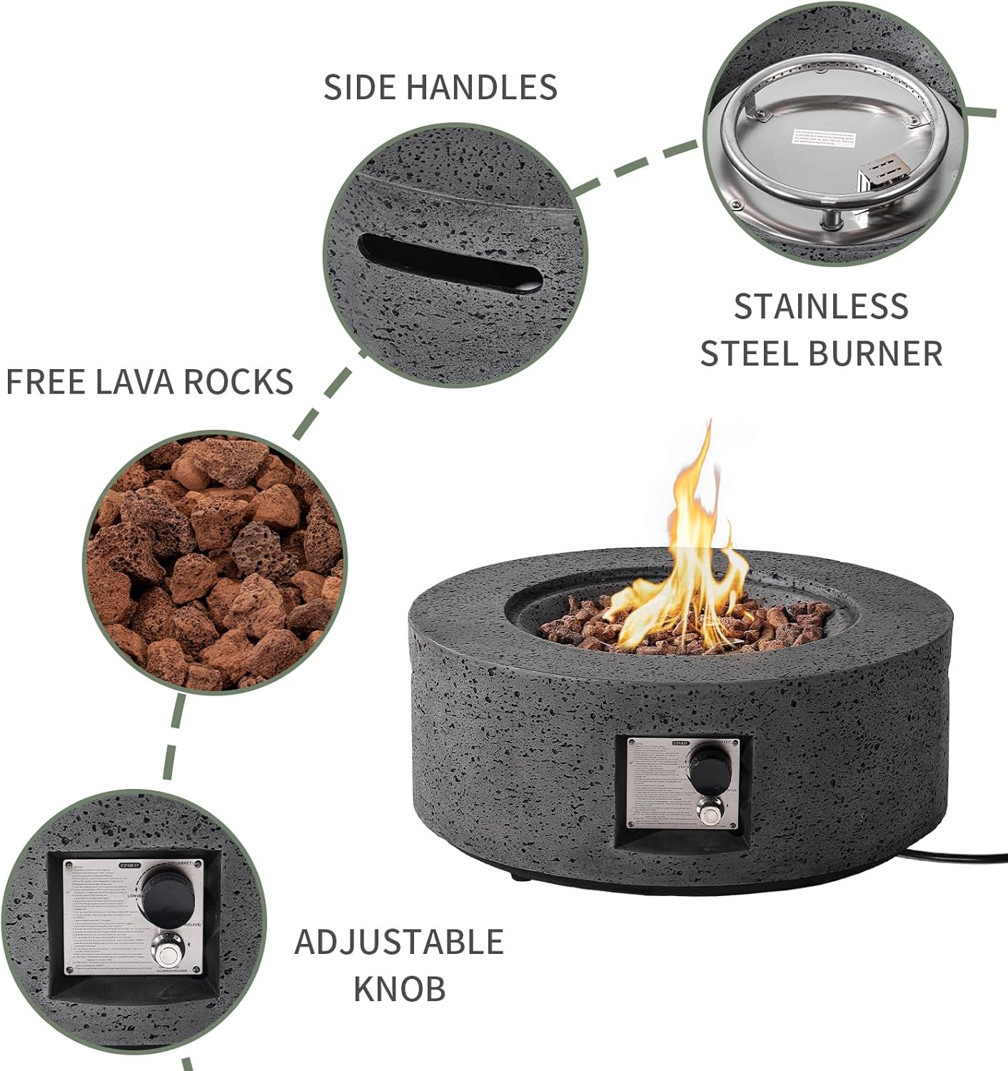 COSIEST Outdoor Propane Fire Pit Coffee Table, 28-inch Magnesium Oxide Round Base Patio Heater, 40,000 BTU Stainless Steel Burner, Free Lava Rocks, Waterproof Cover, Tank Cover, Gray