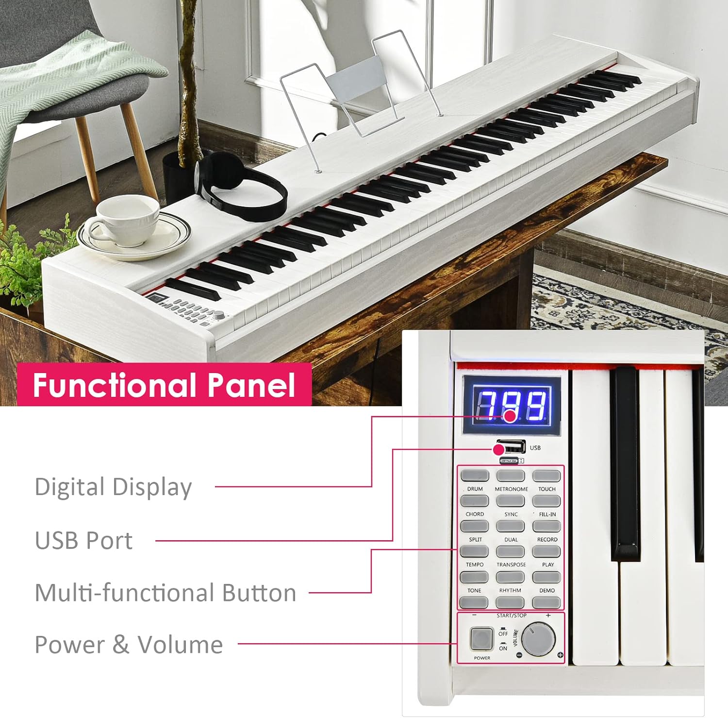 Safeplus Digital Piano 88 Key Full Size Weighted Keyboard, Electric Piano Portable with Sustain Pedal Power, Supply for Beginner Adults Practice (White)