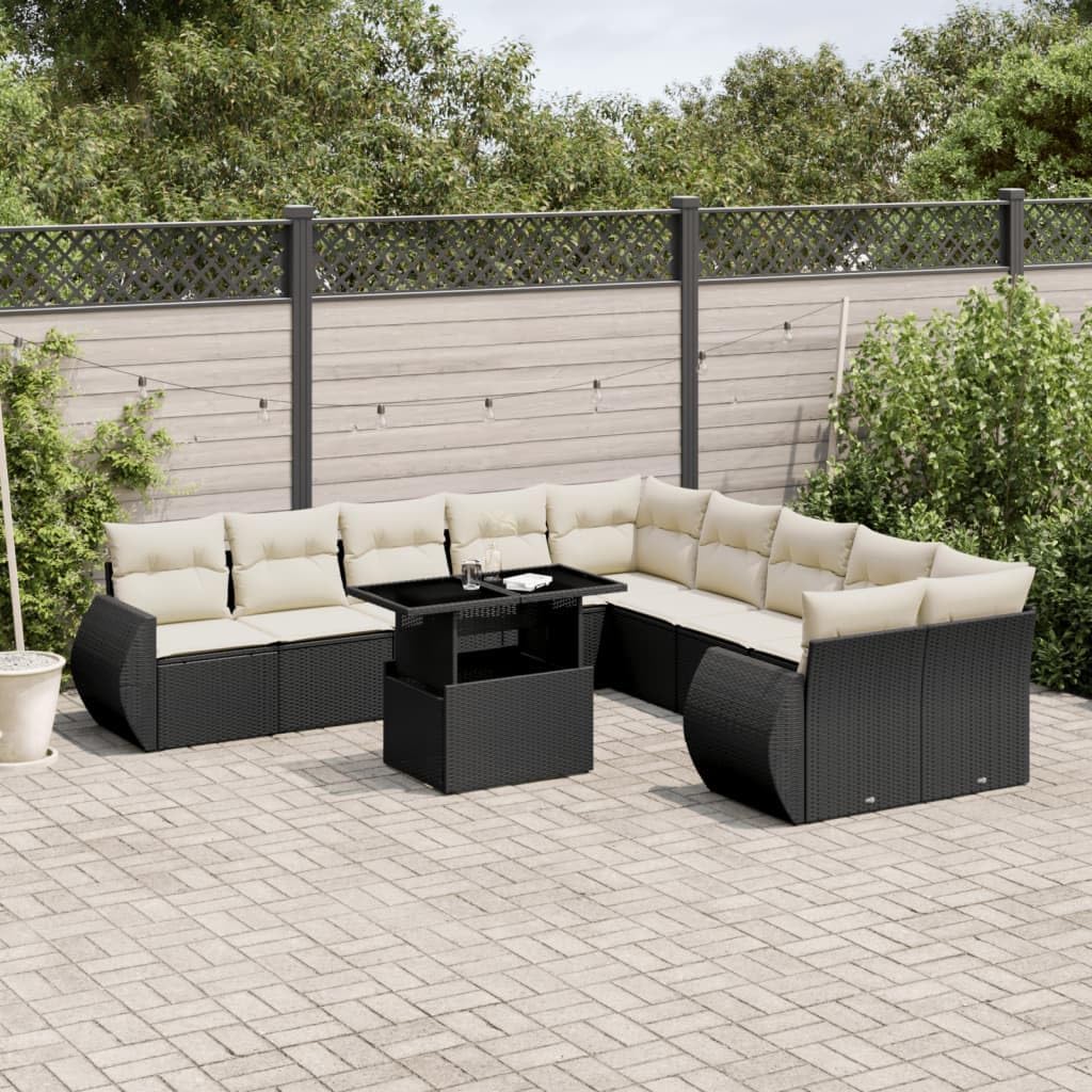 11-Piece Garden Sofa Set, Black PE Rattan, Cream White Cushions, Outdoor Patio Furniture, Modular Sectional, Tempered Glass Table, Weather-Resistant