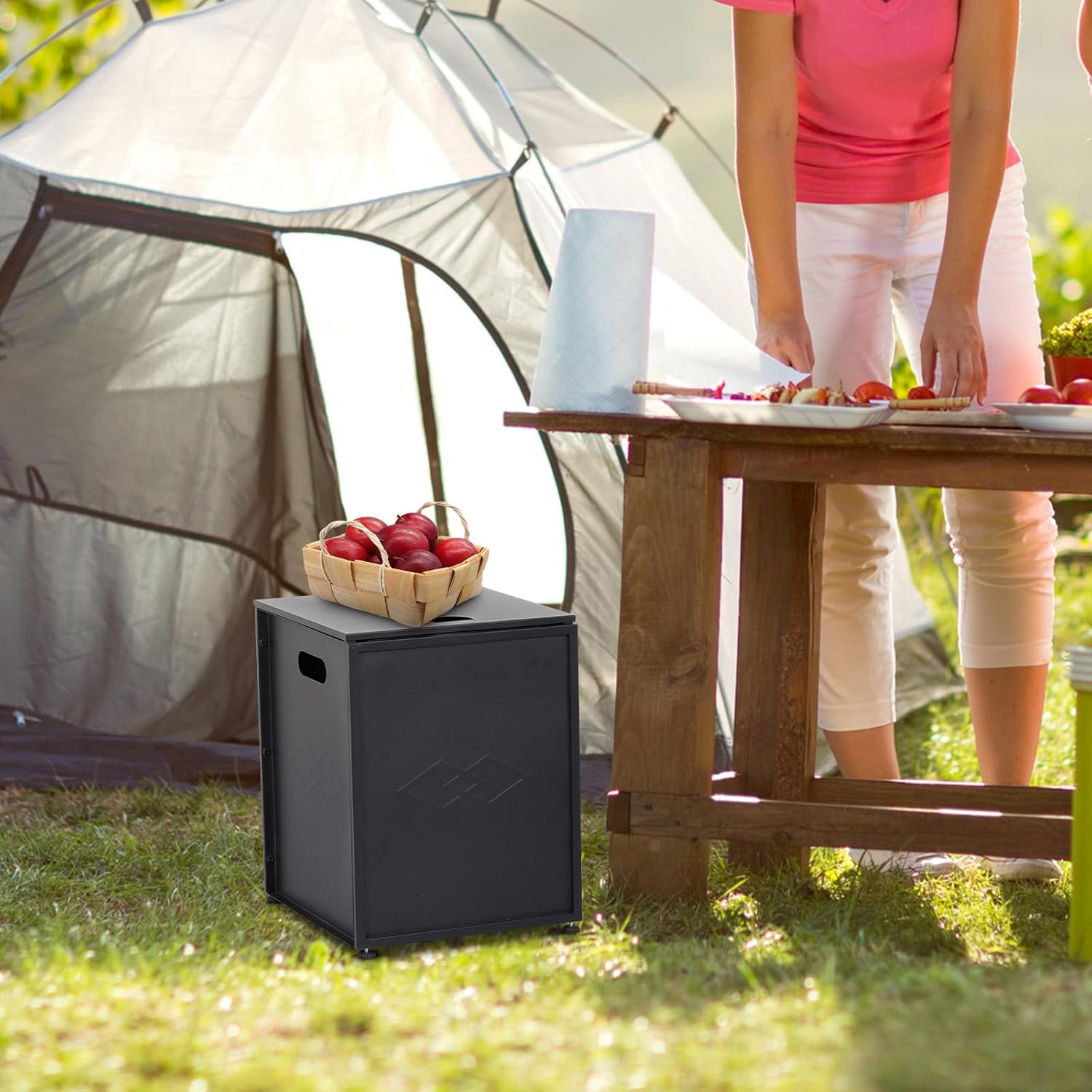 Propane Tank Cover, 20 Lbs Outdoor Propane Tank Storage Box, Stainless Steel Cylinder Hideaway Table with Side Handles, Tank Holder Storage Side Table for Gas Fire Pits, Black