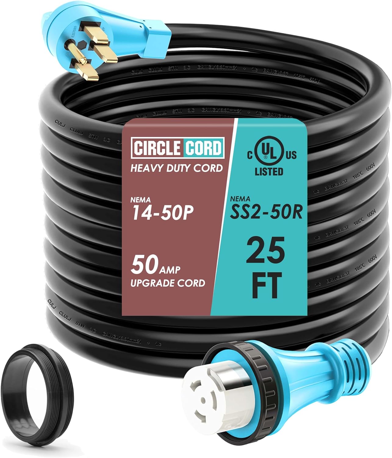 CircleCord UL Listed 50 Amp 25 Feet RV/Generator Cord with Locking Connector, Heavy Duty 6/3+8/1 Gauge STW Wire, 14-50P Male and SS2-50R Twist Locking Female for RV Camper and Generator to House
