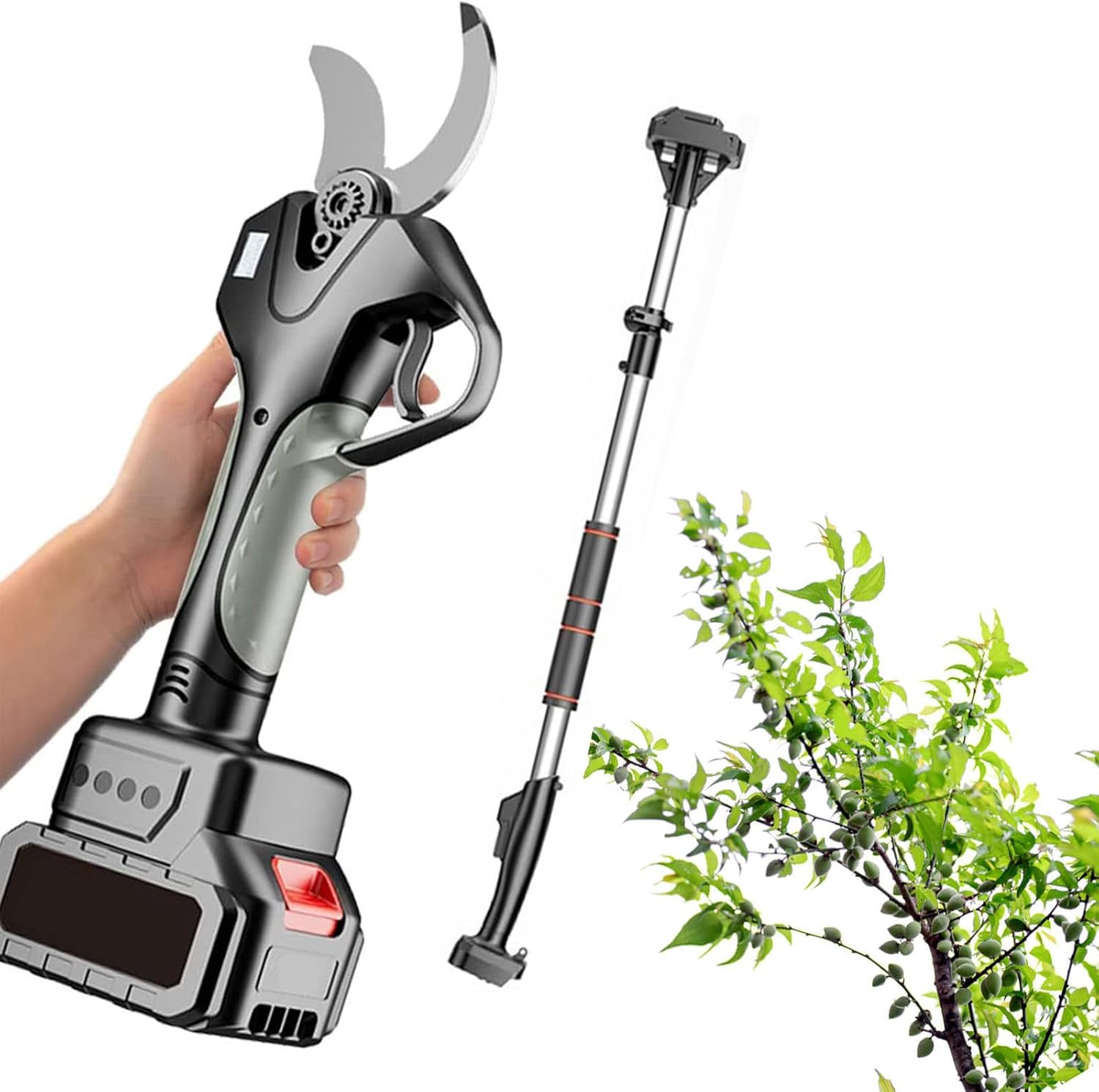 Electric Pruning Shears 2 Inch, Cordless Tree Pruner with 2x2000mA Rechargeable Battery, Power Scissors for Gardening, Trimming Branch, Bush (7 Foot High Reach Extension Rod),1*battery